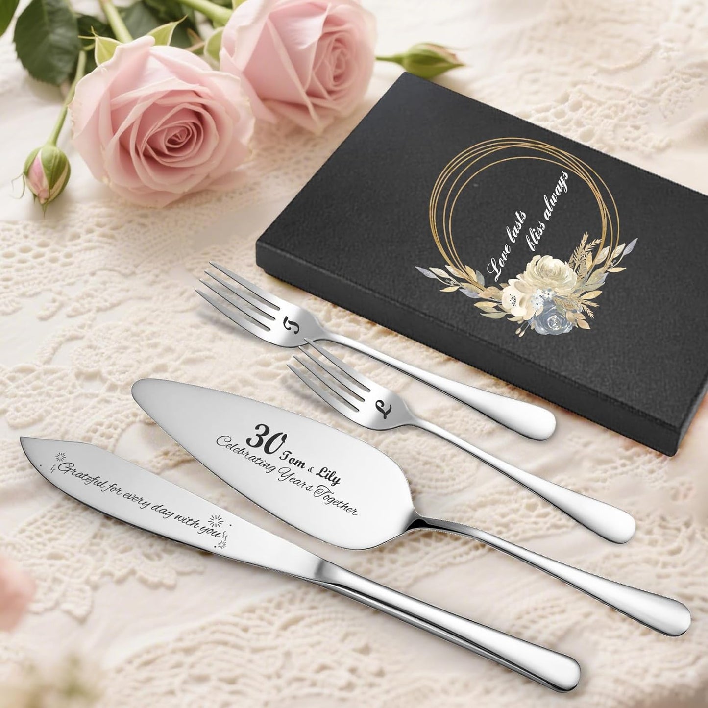 Personalized 4 Piece Wedding Cake Cutting Set, Custom Names Cake Knife and Server set with Forks, Anniversary Birthday Bridal Wedding Registry Gifts (Silver)