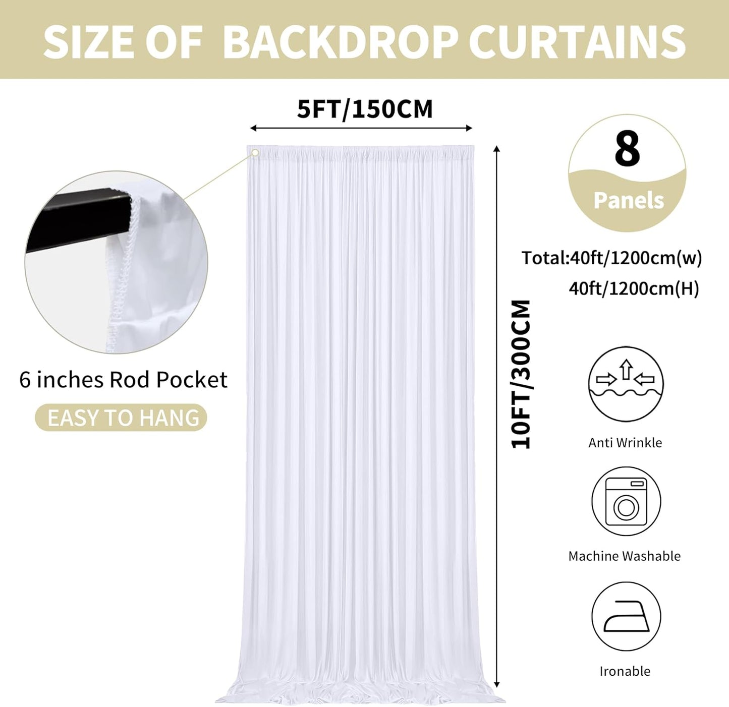 40x10ft Backdrop Curtains for Parties, 8 Panels 5x10ft Photography Backdrop Curtain with Rod Pocket,Backdrop Polyester Background Drapes,Wedding Backdrop Drapes for Birthday Baby Shower Home Decor