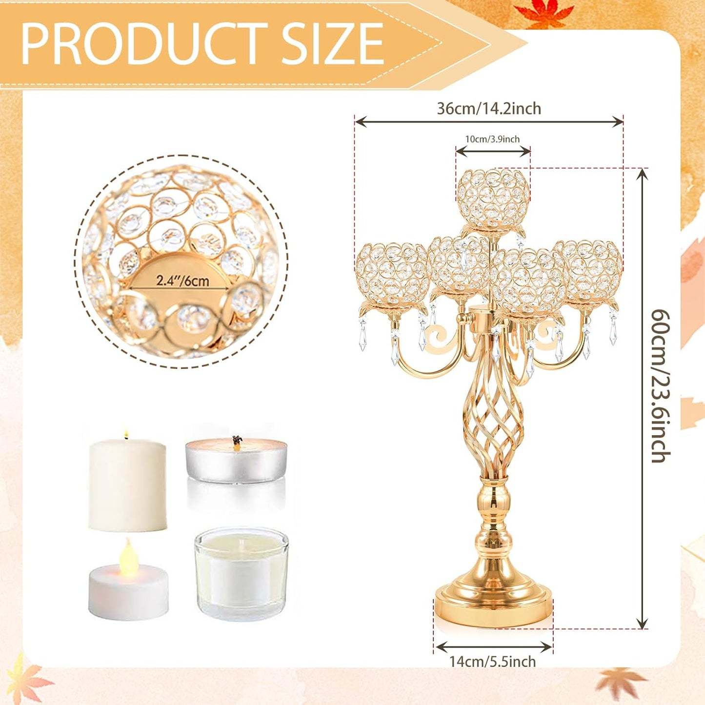 5-Arm Crystal Candelabra Centerpiece 23.2" Tall - Elegant Candle Holder Stand with Crystal Bowl, Chic Table Decor for Weddings, Parties, Anniversary & Home Decoration (4, Gold)