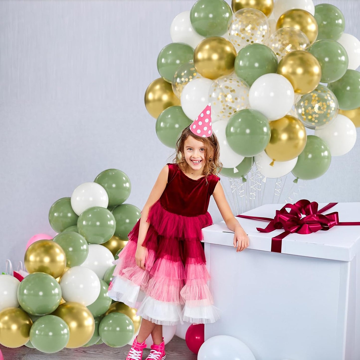 100pcs Sage Green & Gold Balloons Kit - 12 Inch Matte Olive Green, White and Metallic Gold Confetti Balloons for Boho Wedding, Baby Shower, Birthday, Graduation (66ft Ribbons)