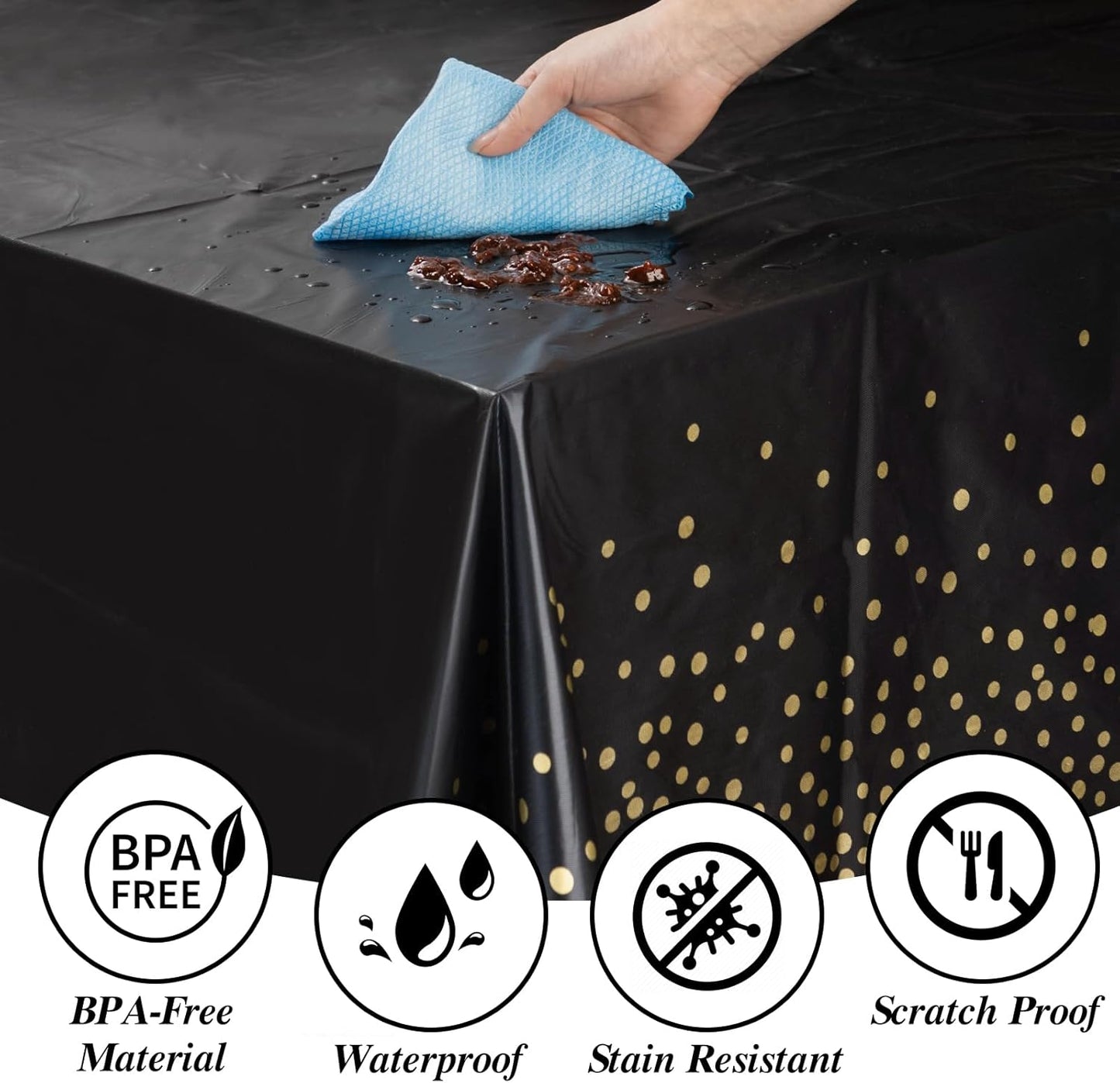 Goodluck 352 Piece Black Dinnerware Set for 50 Guests, Black Square Plastic Plates with Gold Trim, Include: 100 Plastic Plates, 50 Rolled Napkins, 50 Cups, 50 Cutlery Set and 2 Tablecloth