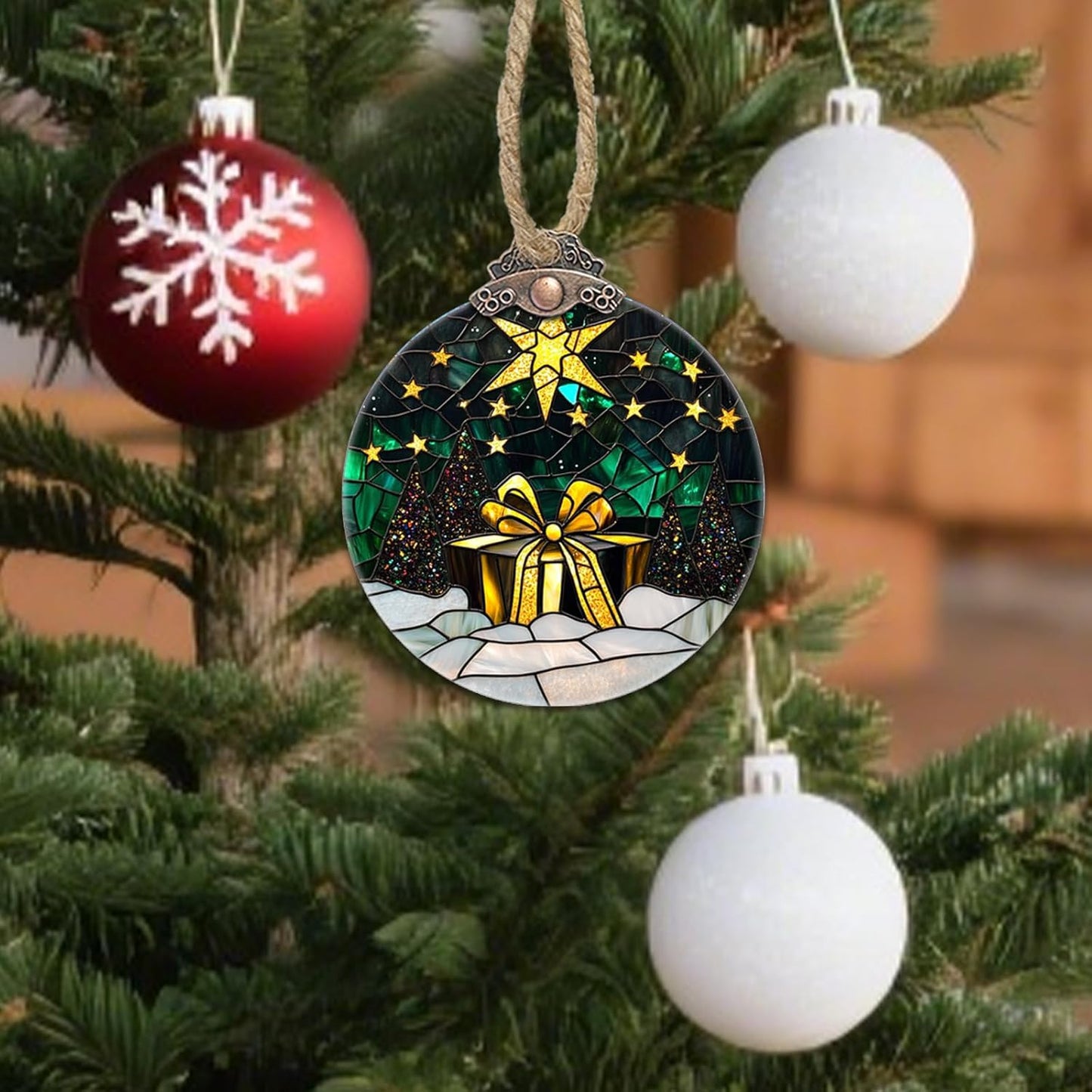 Stained Glass Christmas Decorations, Gold Star Suncatcher for Window Christmas Tree Hanging Ornaments Green Winter Night Scene Sun Catcher Xmas Decor Gifts for Women Men Mom Nana Friend