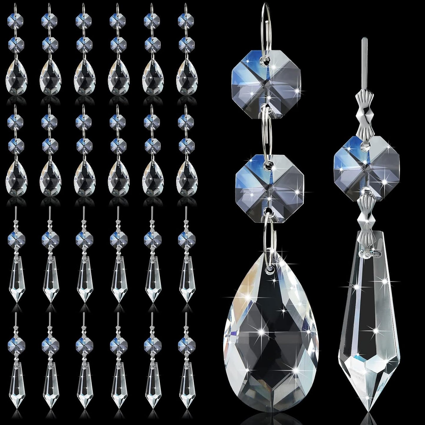 24 Pcs Chandelier Crystal Replacement 38 mm Teardrop & Icicle Crystal Prisms Hanging Gems Parts for Lamps and Chandeliers Suncatcher Christmas Tree Windows Home Decor (Clear)