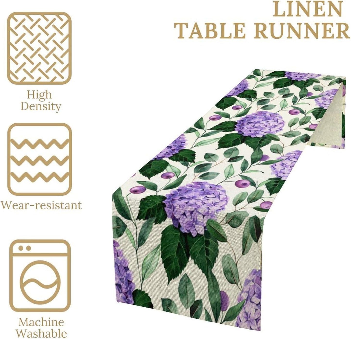 Spring Hydrangea Flower Table Runner, Seasonal Summer Plants Eucalyptus Leaves Purple Florals Dinner Runner for Home Kitchen Dining Table Party Holiday Decoration 13"x36"