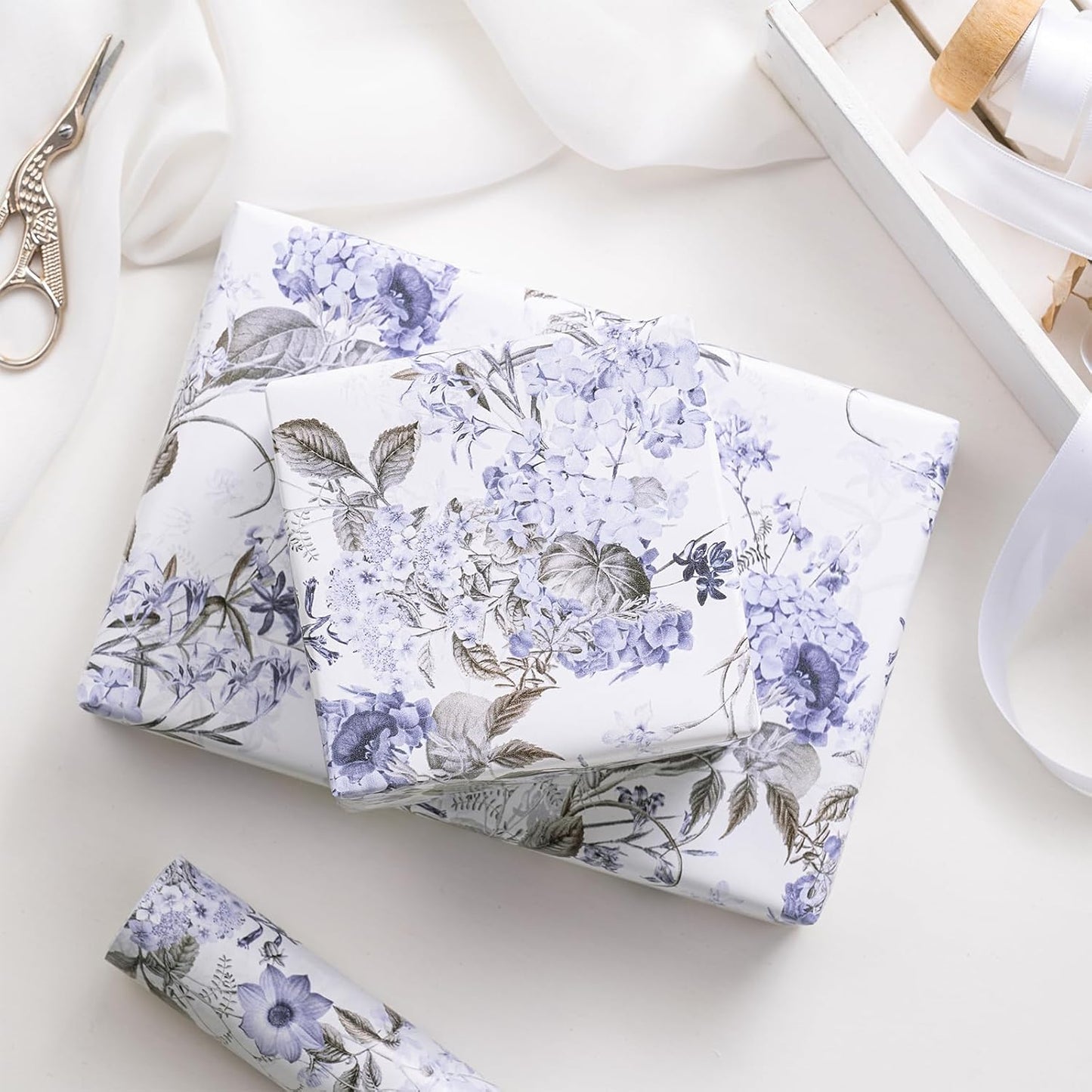 RUSPEPA Floral Wrapping Paper Roll for Women Girls, Mini Roll, Elegant Hydrangea Flower Design Gift Wrap Paper Perfect for Wedding, Birthday, Mother's Day, Spring, Bridal Shower, 17 Inch x 16.4 Feet