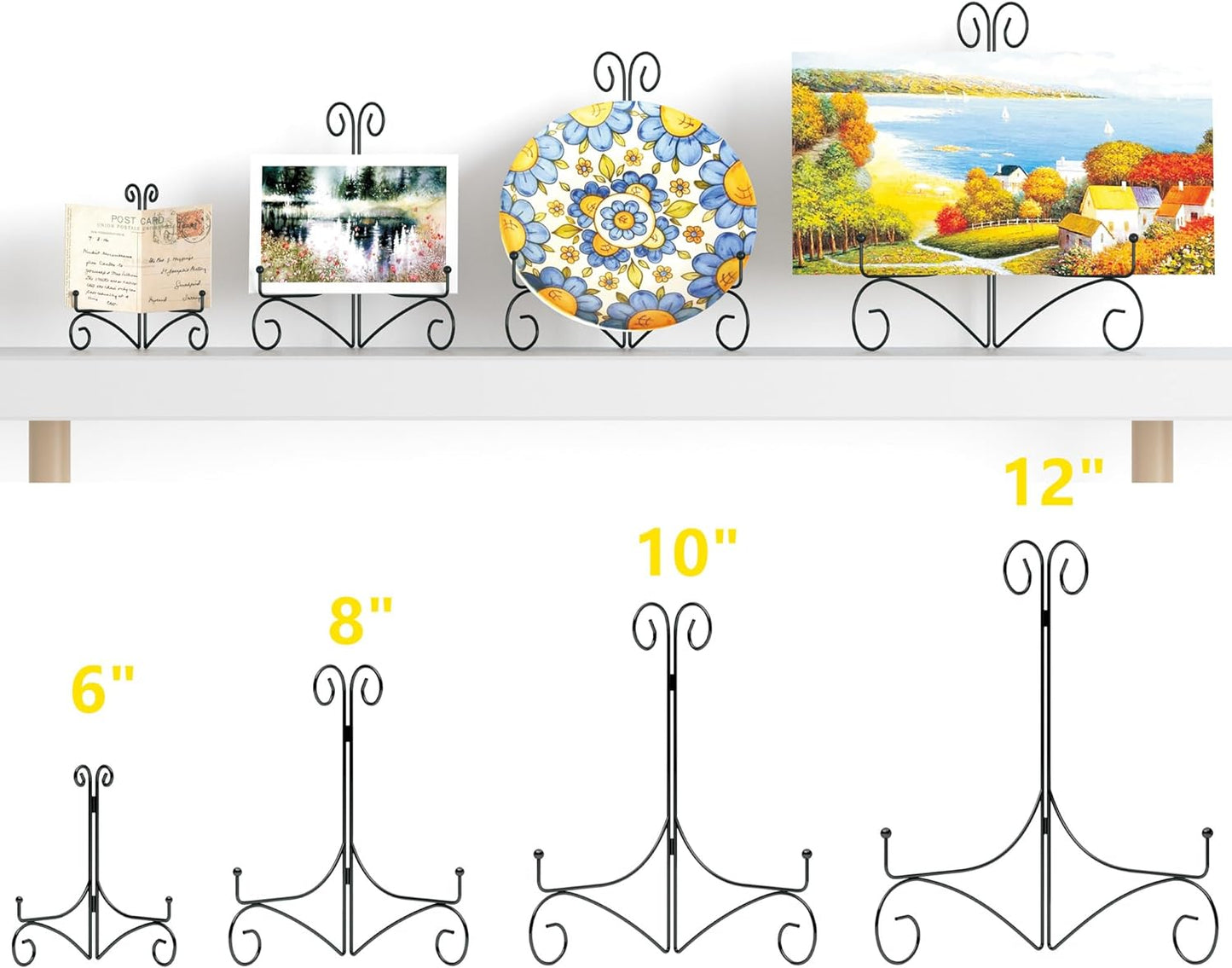 Plate Display Stands with Hinged Folding Design, 8 Inch Picture Frame Stand for Tables, Decorative Easels for Plates, Photos, Cards and Books, 8’’ Black