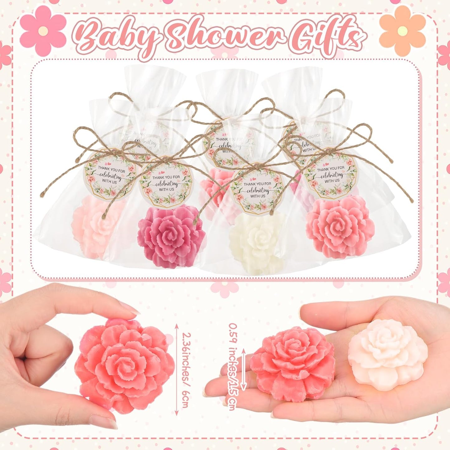 Demissle 20 Set Flower Mini Soaps for Guests Rose Soap Baby Shower Soap Favors with Thank You Tags for Wedding Bridal Guest Gift Party Favor(Dark Pink)