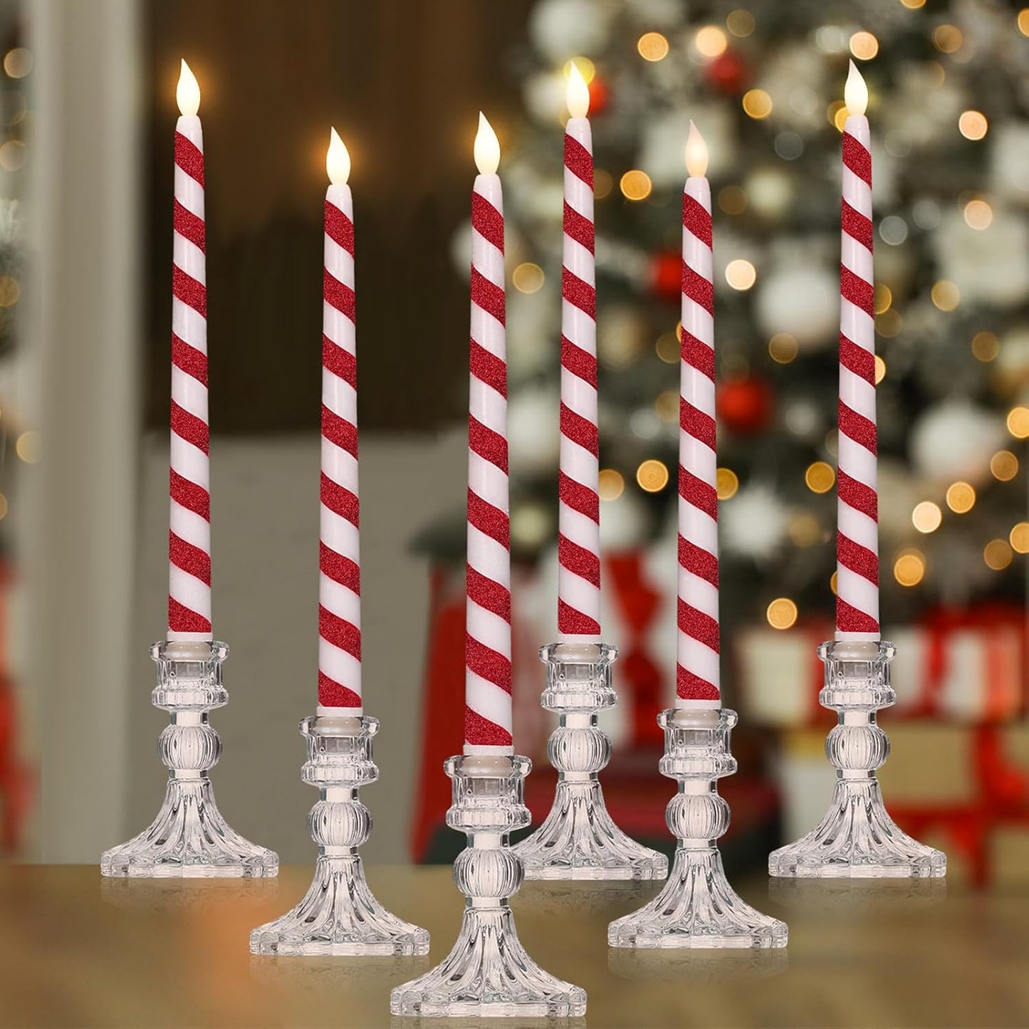 Baquler 6 Pcs Christmas Flameless Taper Candles 10.6 Inch Glitter Candy Cane Candles Battery Operated LED Christmas Candlesticks for Xmas Centerpiece Holiday Party Decor