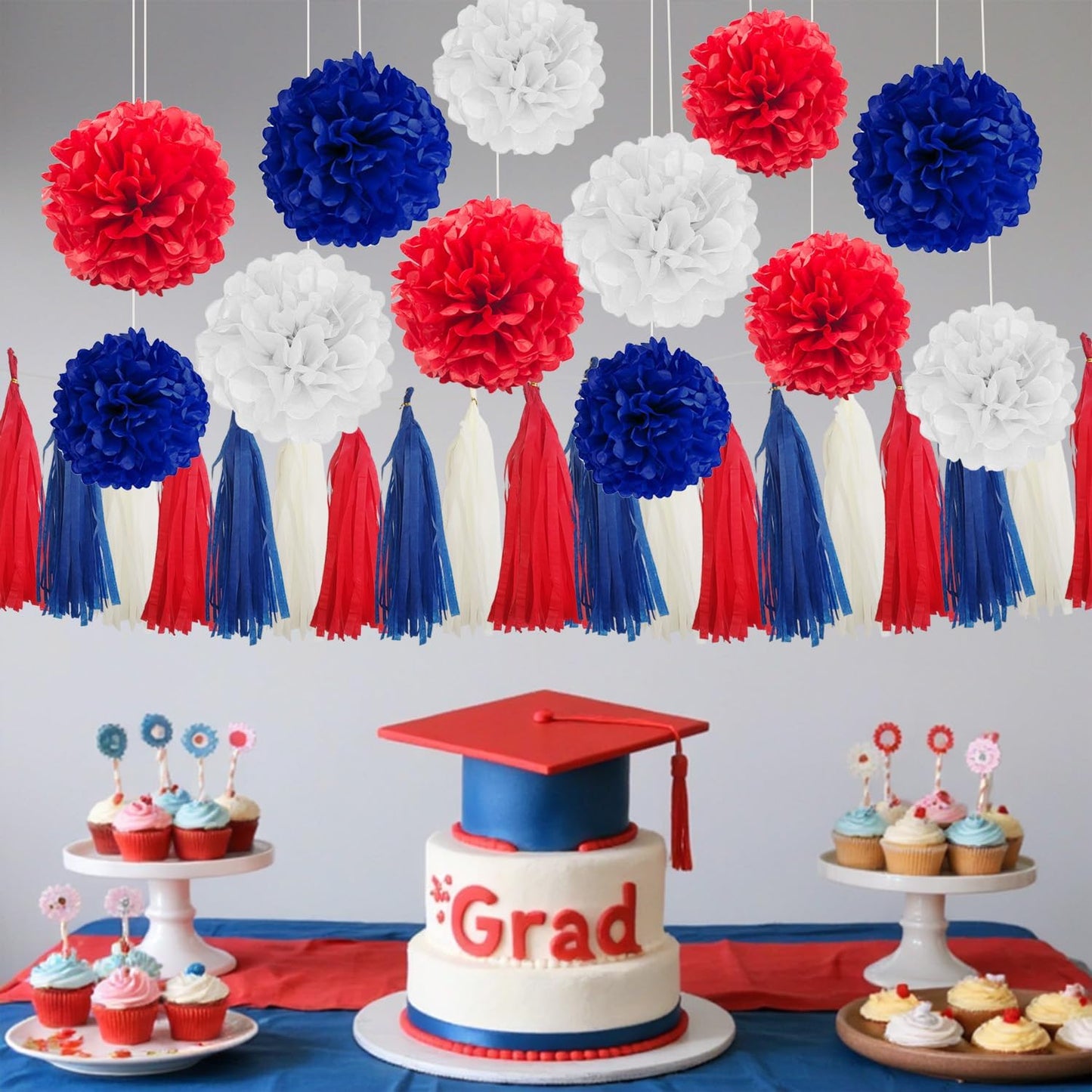 GAKA Red Blue and White Tissue Paper Tassel,Paper Tassel Garland Banner for Patriotic Party Decor Supplies,15 PC