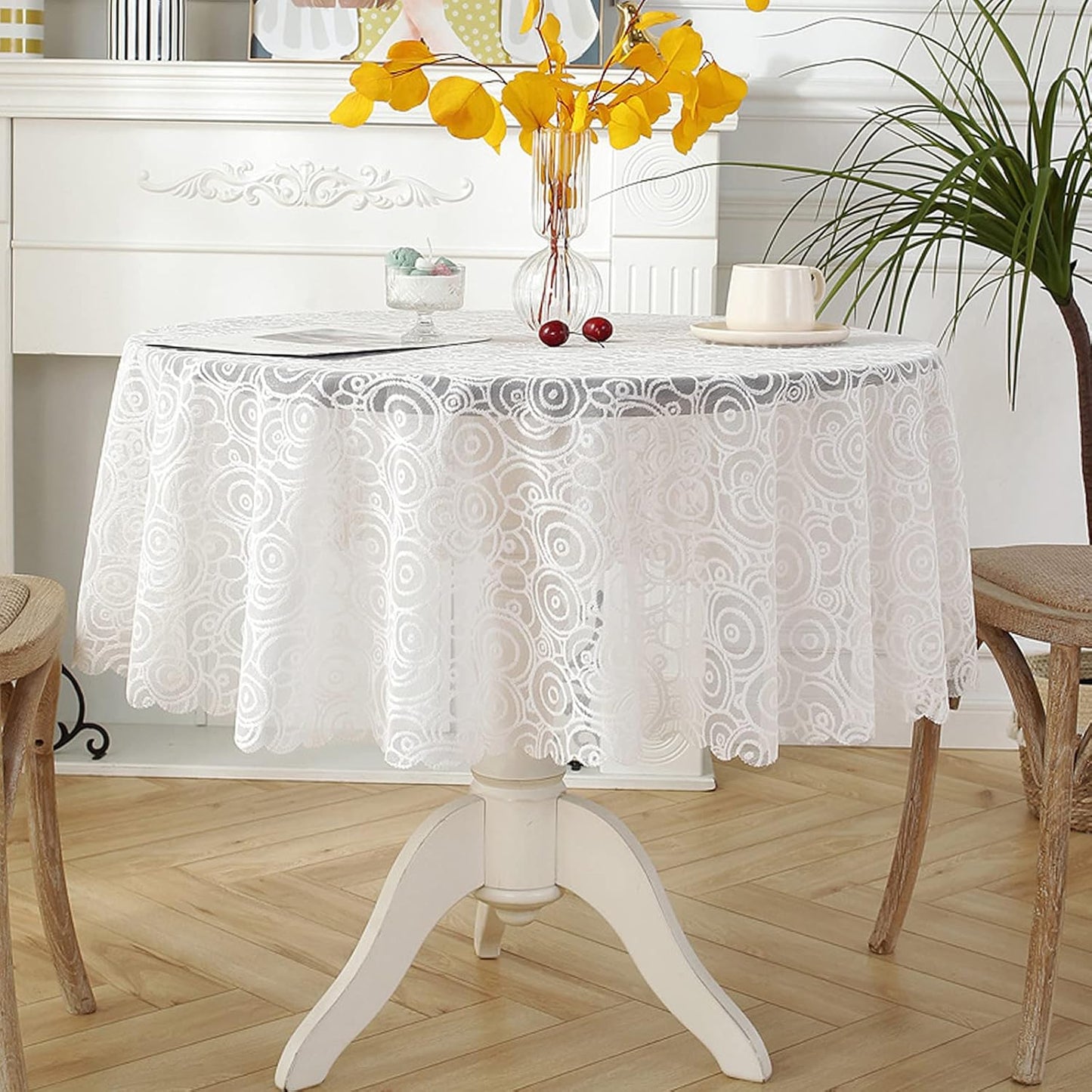 Jeloris Round Lace Tablecloth with Elegant Scalloped Bottom for Any Special Event Such as Wedding, Birthday Party, Baby Shower, Anniversary (60 inch, Style 5)