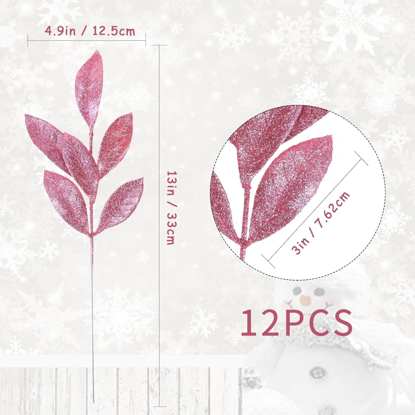 GREENTIME 12 Pack Artificial Pink Glitter Leaves 13" Fake Christmas Picks Decorative Glitter Sticks for Vase Christmas Tree DIY Wreath Crafts Fireplace Decor