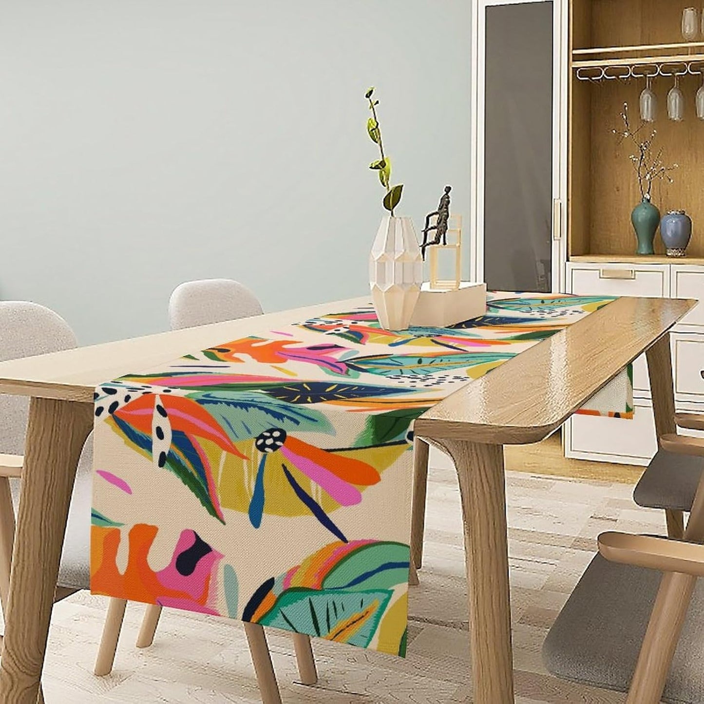 Colorful Flower Table Runner,Abstract Flower Blossom Botanical Pattern Print Tablecloth Burlap for Hotel Indoors Outdoor Dining Room Kitchen Table Decor, 13x80in