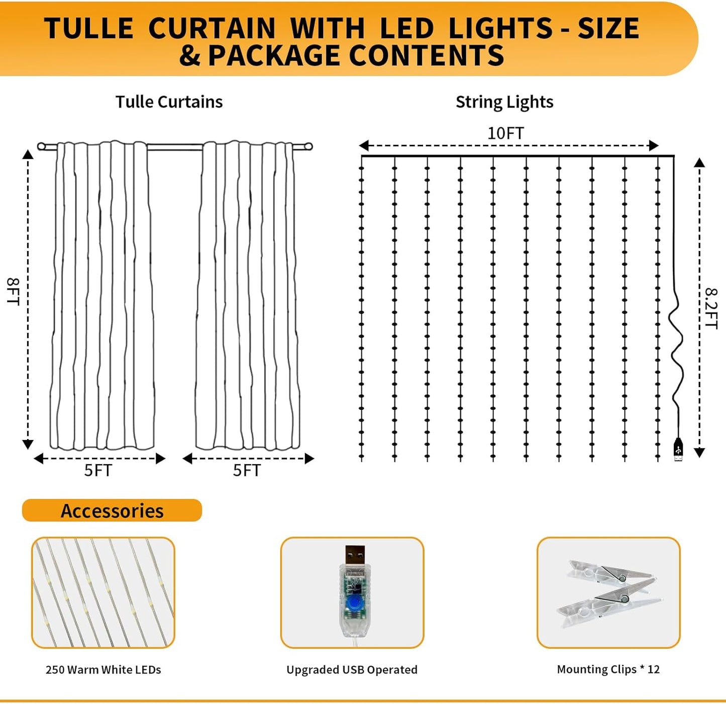 Baby Blue Tulle Backdrop Curtain with Lights String - 10x8ft Sheer Backdrop with 250 LEDs for Wedding, Baby Shower, Bridal Shower, Birthday Party Photo Shoot Background and Home Decorations