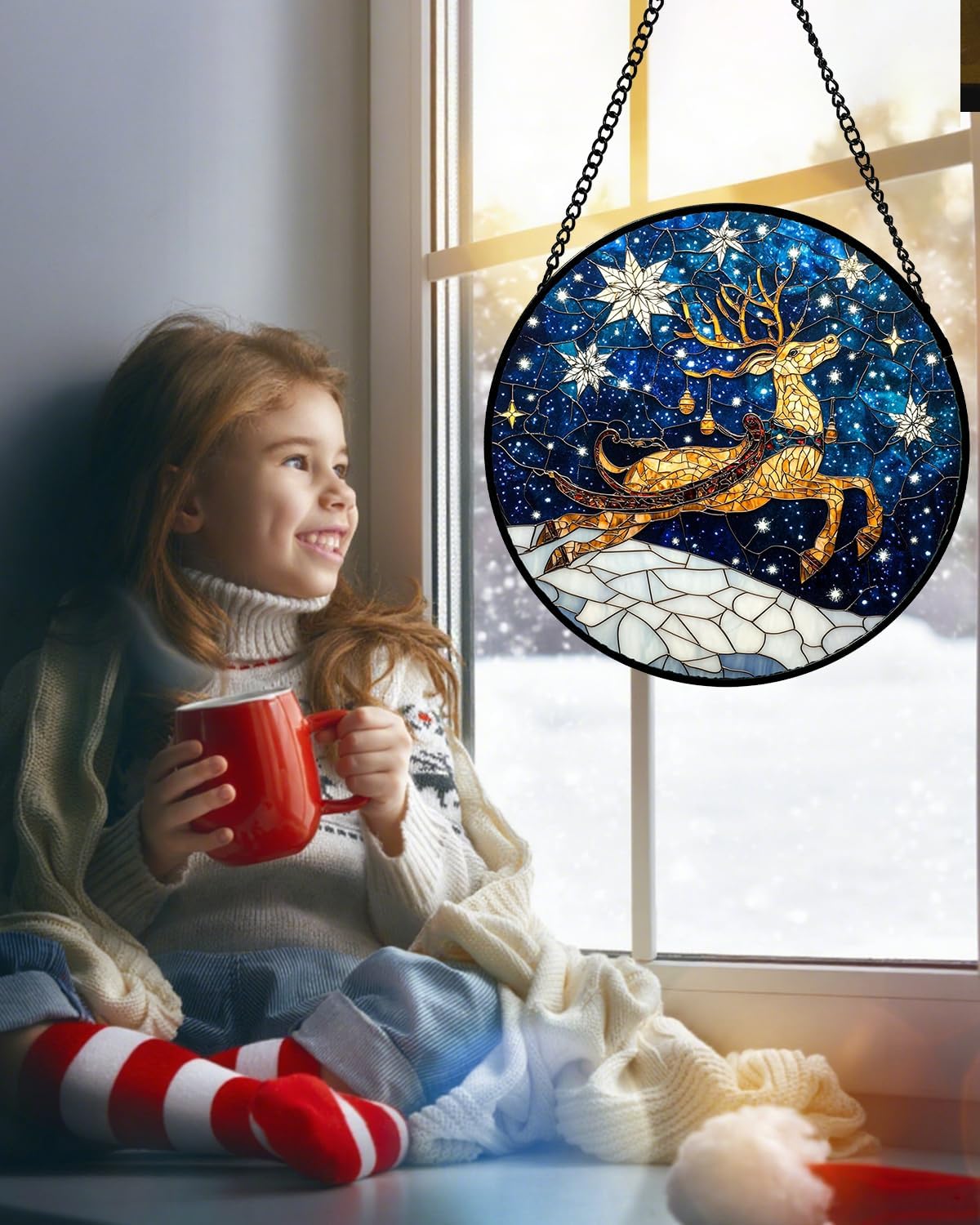 Stained Glass Window Hanging - Reindeer Blue Starry Sky Suncatcher for Doors Home Christmas Decoration Winter Sun Catcher Thanksgiving New Year Birthday Gifts for Women Men Mom Nana 6.3 in