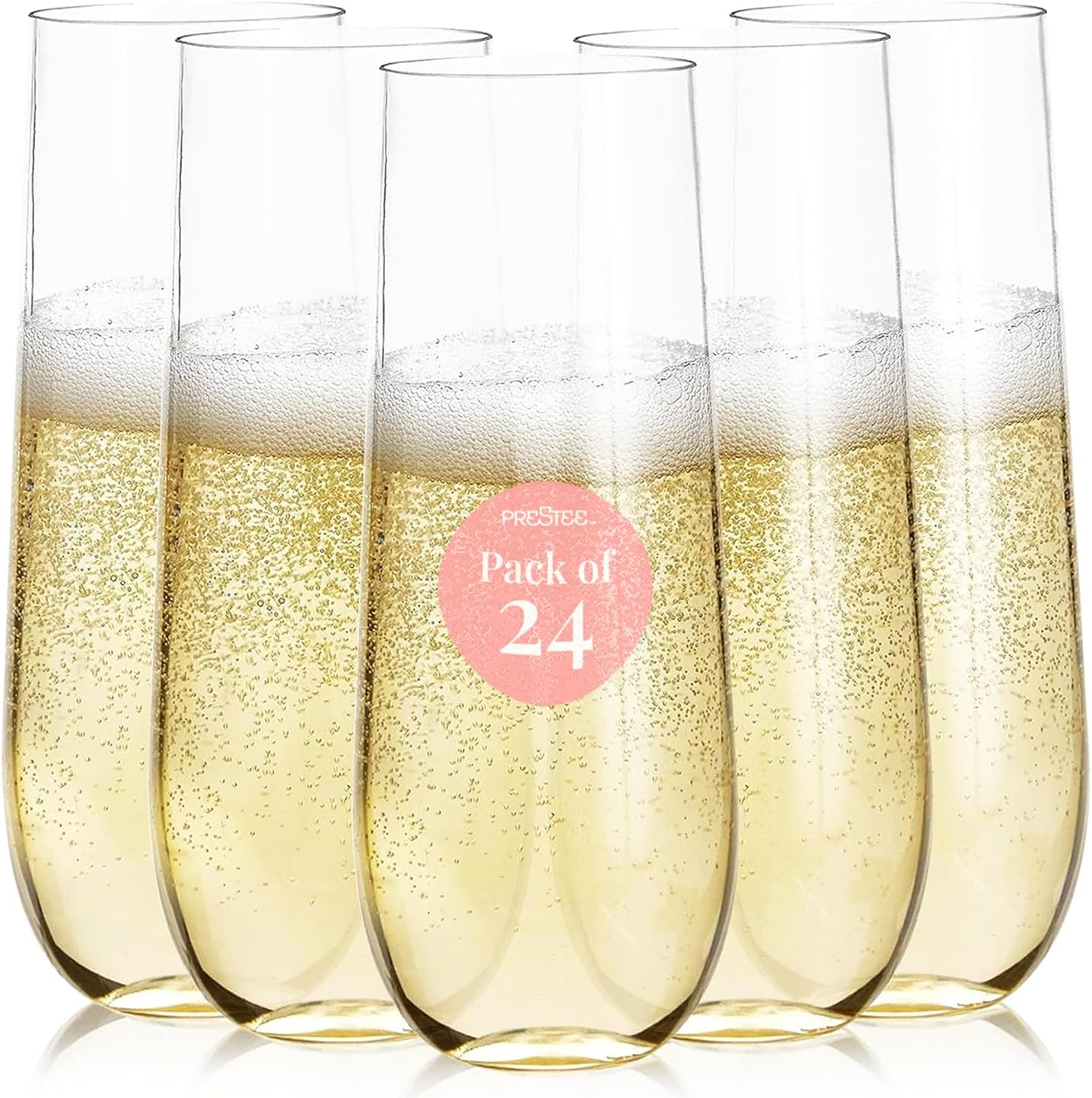 Prestee 24-Pack Stemless Plastic Champagne Flutes - 9 oz Clear Disposable Glasses for Wine, Cocktails, Mimosas - Champagne Flutes Plastic for Parties and Celebrations