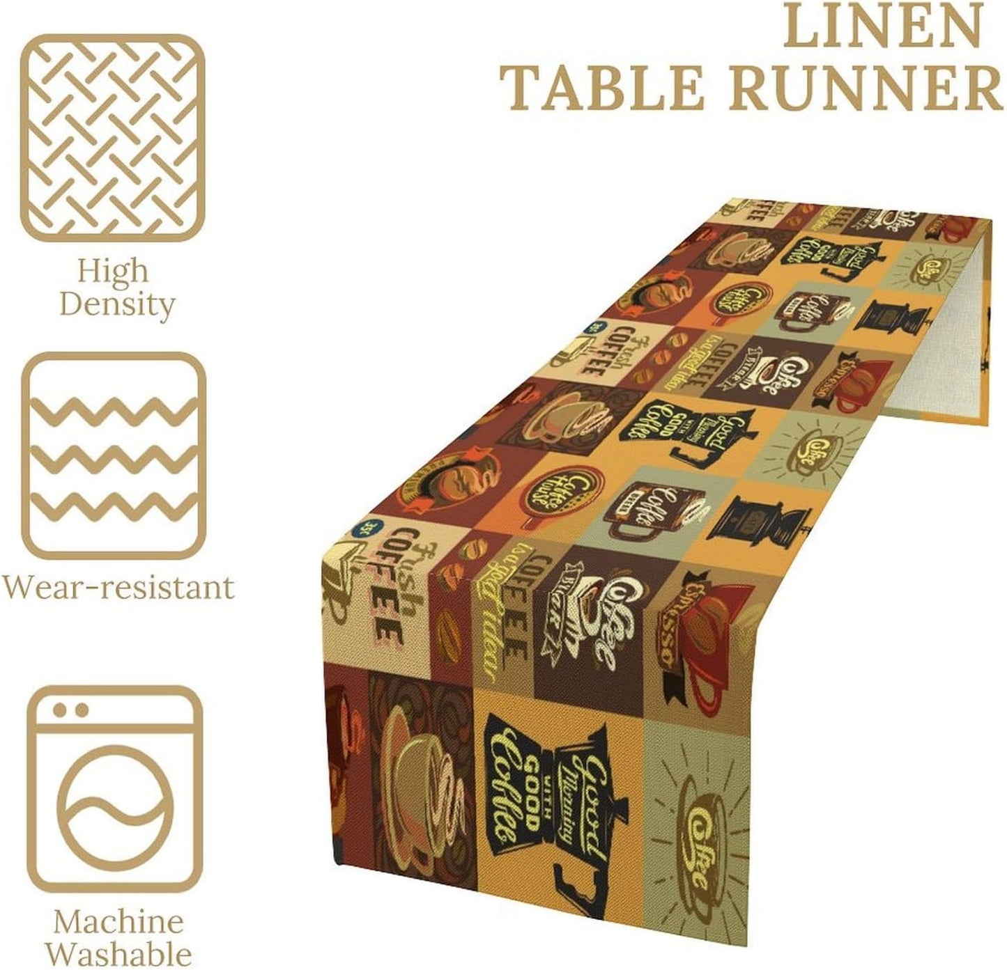 Coffee Table Runner,Vintage Style Coffee Beans Cups Theme Design Pattern Print Tablecloth Burlap for Hotel Indoors Outdoor Dining Room Kitchen Holiday Party, 13x70in