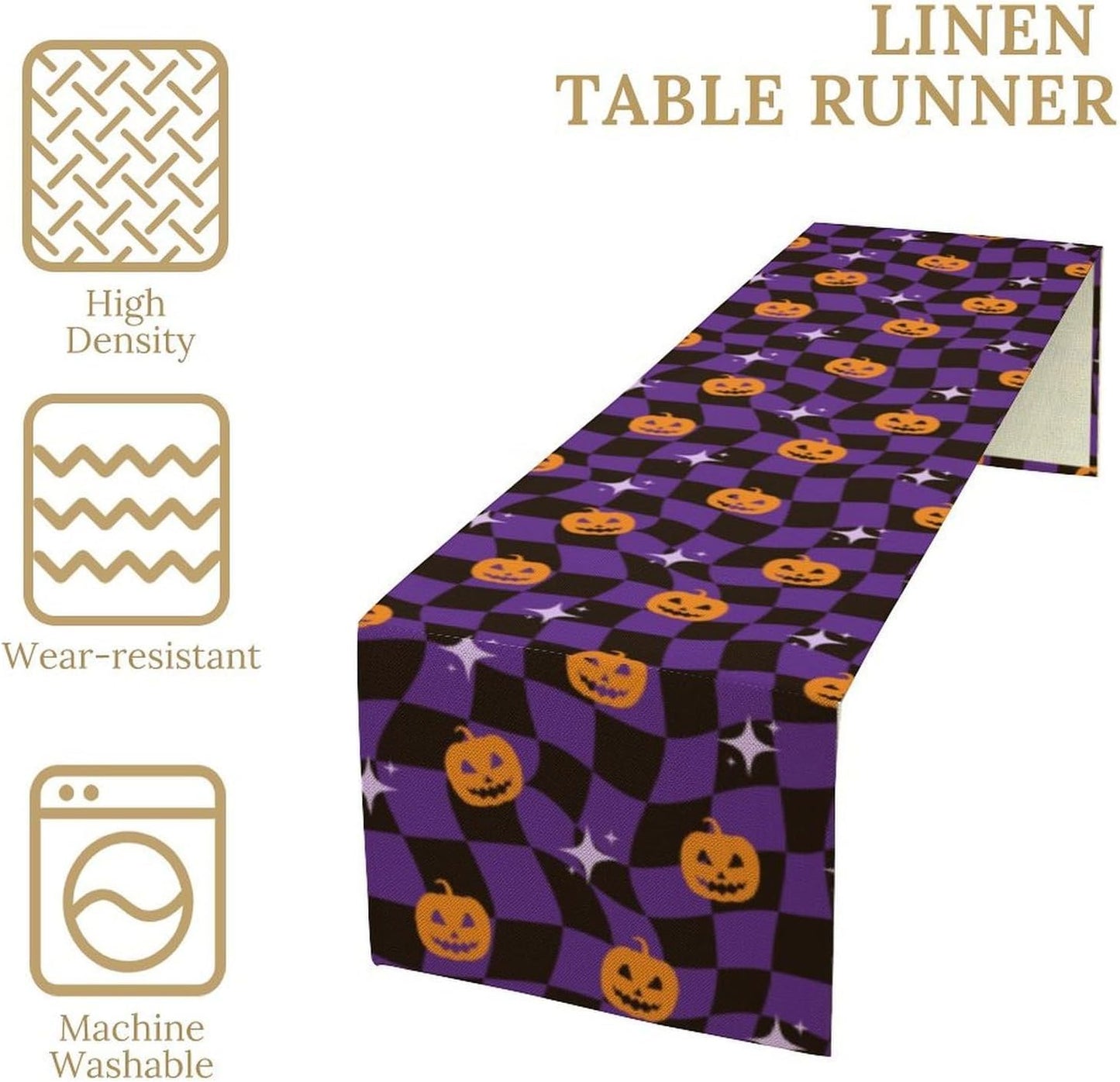Halloween Table Runner,Purple Checkered Pumpkin Table Runner for Kitchen Dining Table Decoration Home Party Decor 13x90 Inch