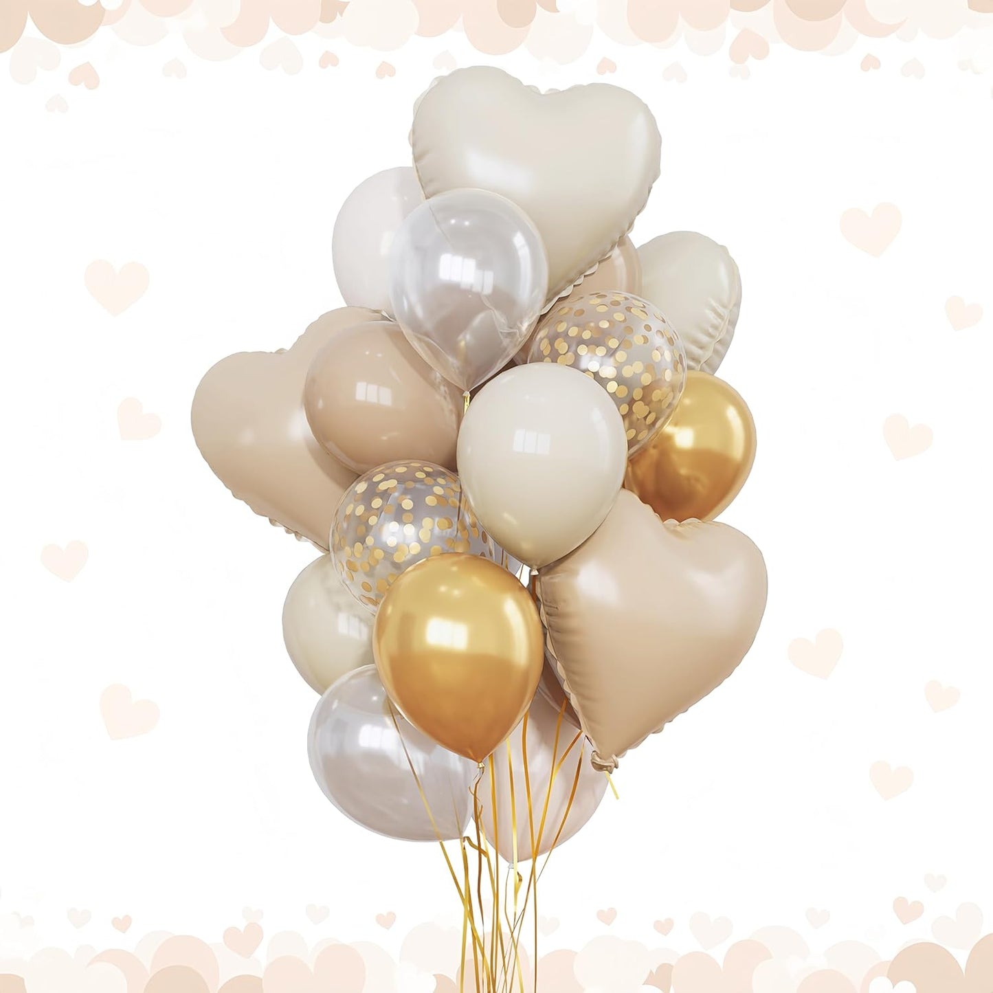 Sand White and Gold Balloons Beige Heart Balloon as Engagement Party Decorations, Metallic Gold and Cream White Nude Confetti Balloons 18 inch Clear Heart Shape Foil Balloon as Bride Wedding Decor