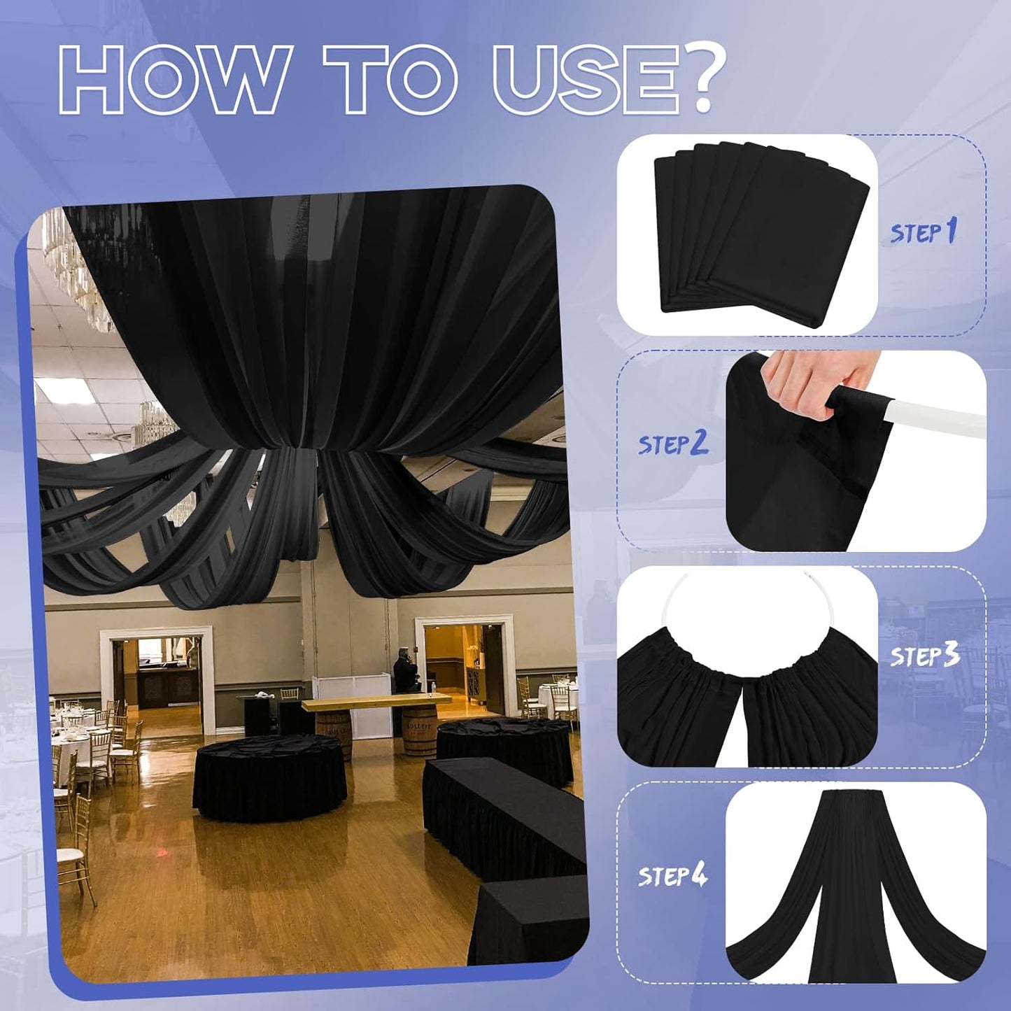 6 Panels Black Ceiling Drapes for Wedding 5ftx10ft Ceiling Drapes Wedding Arch Draping Fabric Cheesecloth Sheer Curtain Romantic Ceiling Decorations for Weddings Party Banquet Ceremony Stage