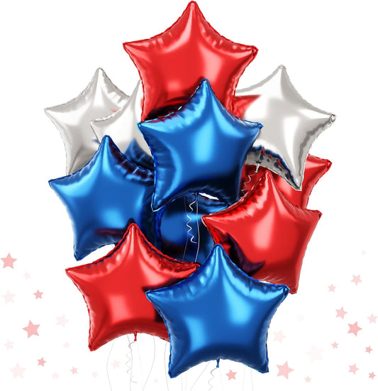 Blue Red Star Balloons, 18 Inch 12Pcs Navy Blue Red and Metallic Silver Stars Shape Foil Balloons, Helium Pentagram Balloon for Kids Cartoon Birthdays Graduation Baseball 4th of July Independence Day