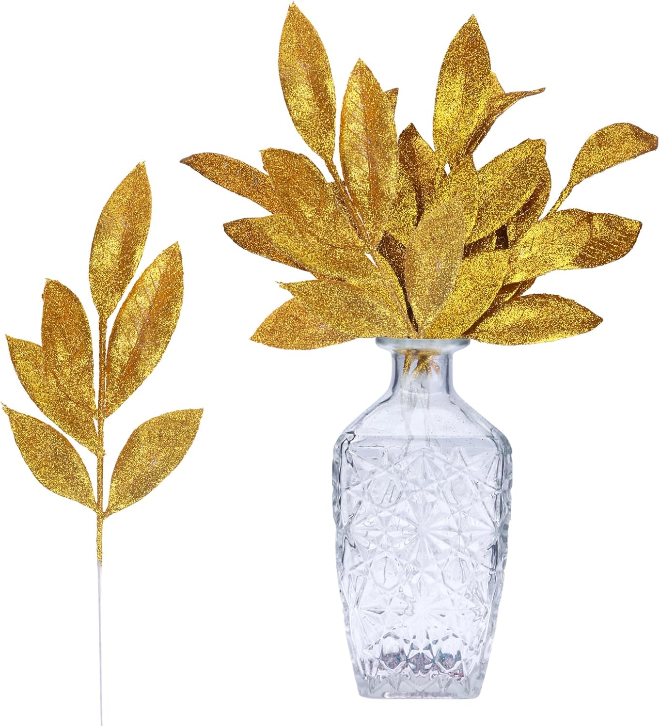 GREENTIME 12 Pack Artificial Golden Glitter Leaves 13" Fake Christmas Picks Decorative Glitter Sticks for Vase Christmas Tree DIY Wreath Crafts Fireplace Decor