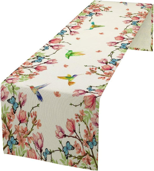 Vintage Watercolor Flower Hummingbird Table Runner Seasonal Spring Garden Plants Birds Florals Farmhouse Country Kitchen Dinner Runner Dining Table Decoration 13"x60"