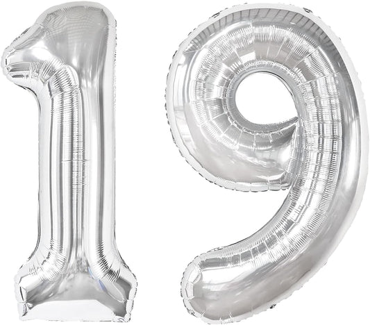 40 Inch Big Silver 19 Balloon Number, Jumbo Giant Happy 19th 19 Birthday Party Decorations, Large Mylar Foil Anniversary Birthday Party Engagement Decorations