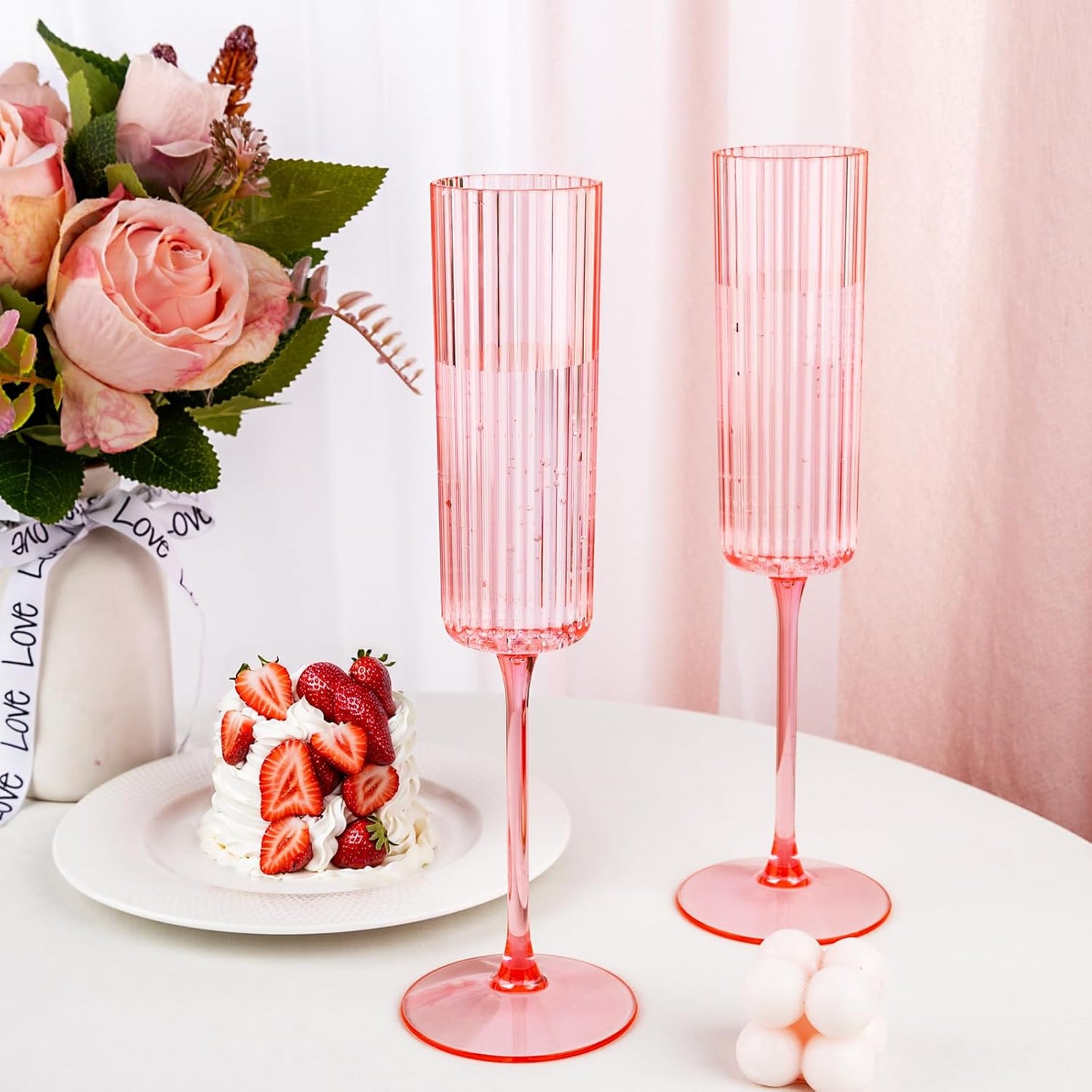 Ciaell 24 Pack Pink Plastic Champagne Flutes - 6oz Ribbed Disposable Champagne Glasses - Pink Vintage Mimosa Glasses with Long Stem, Elegant & Lightweight for Weddings and Party