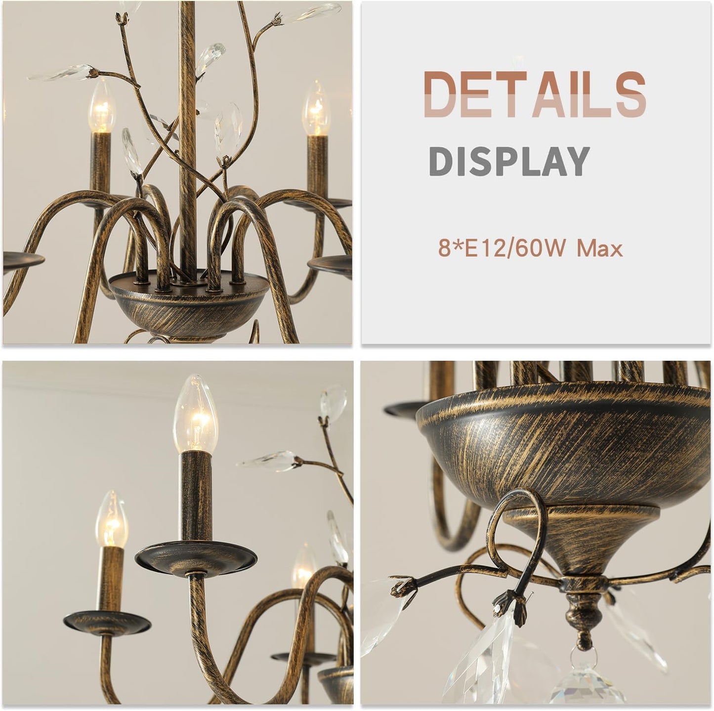 Farmhouse Crystal Chandelier,32 Inch Modern Flower Branch Oil-Rubbed Bronze Rustic Vintage Hanging Pendant Ceiling Light Fixture for Living Room Dining Room Bedroom Foyer Entryway