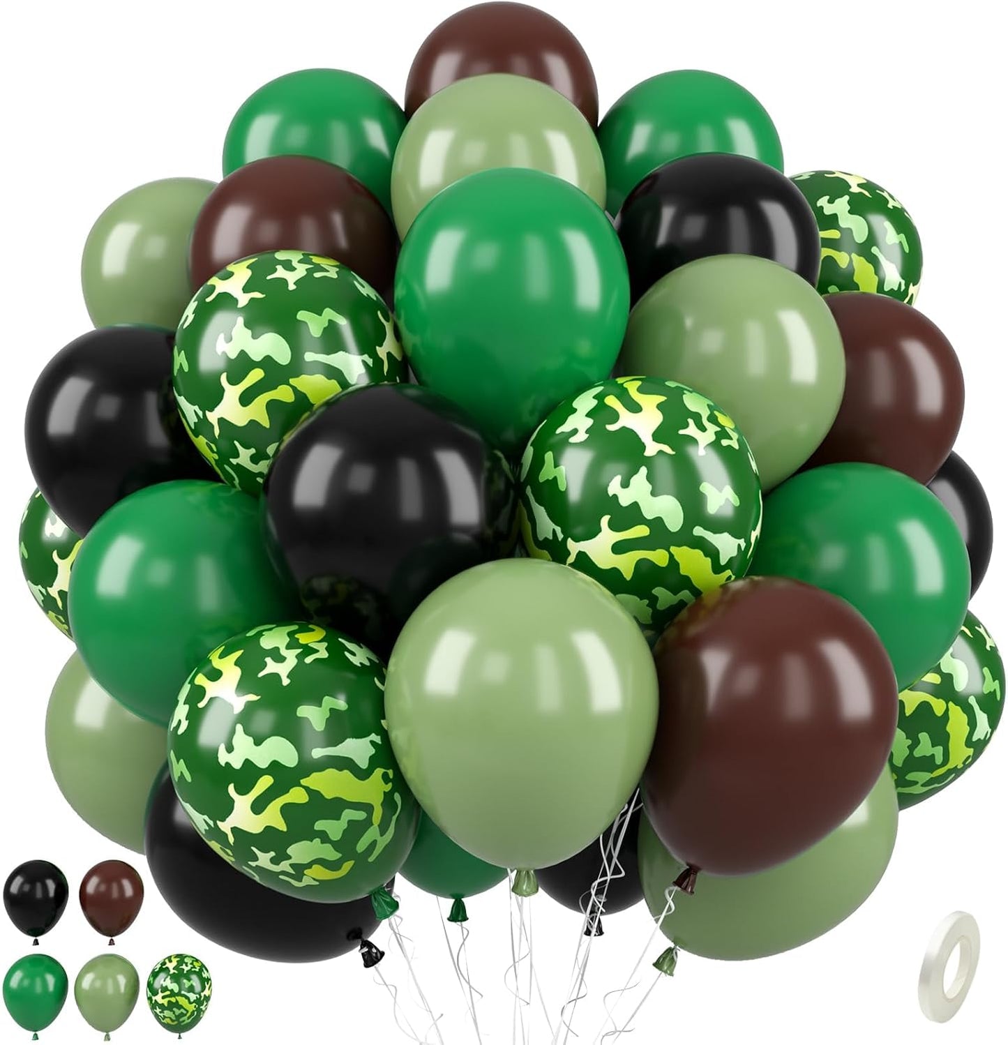 Paready Camo Balloons, 50 Pcs Green and Brown Balloons, Camouflage Army Balloon, 12 Inch Dark Sage Green Black Balloons Latex for Birthday Baby Shower Camping Woodland Hunting Jungle Party Decorations