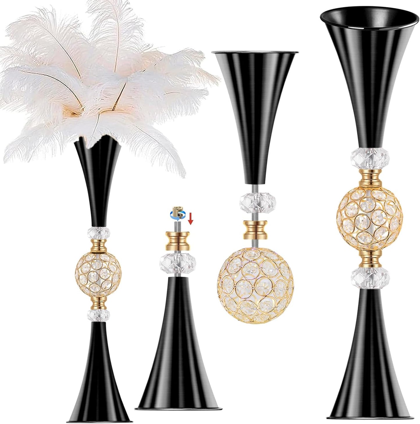 VIJIV Black Crystal Flower Vases for Centerpieces Tables - Tall Trumpet Vase for Bouquet Decorative, Dining Table Décor Flower Stand with Ribbed Texture for Events, Bridal Showers & Boho Weddings