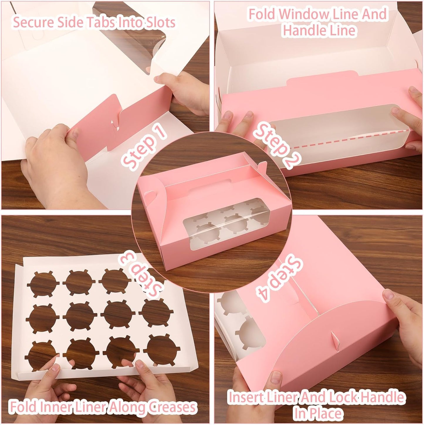 30 Pcs Cupcake Boxes, 12 Count Muffin Boxes with Handle, Window, and Inserts, Pink Cupcake Holders Bakery Carrier Boxes for Cookies Treats Dessert