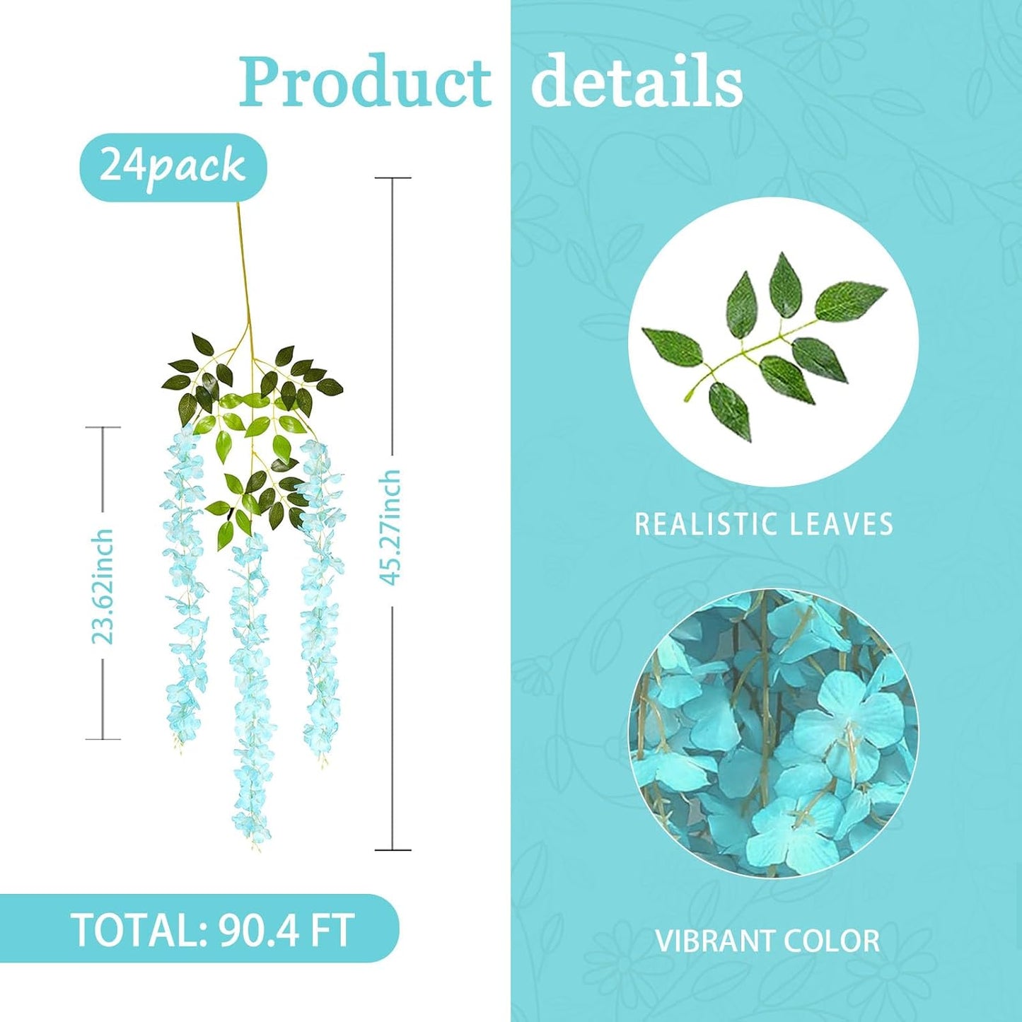 24 Pack Teal Wisteria Hanging Flowers Garland, 3.77 Feet Artificial Flower Vines, Fake Wisteria, Artificial Vines Hanging Garland for Backdrop Outdoor Yard Garden Decor