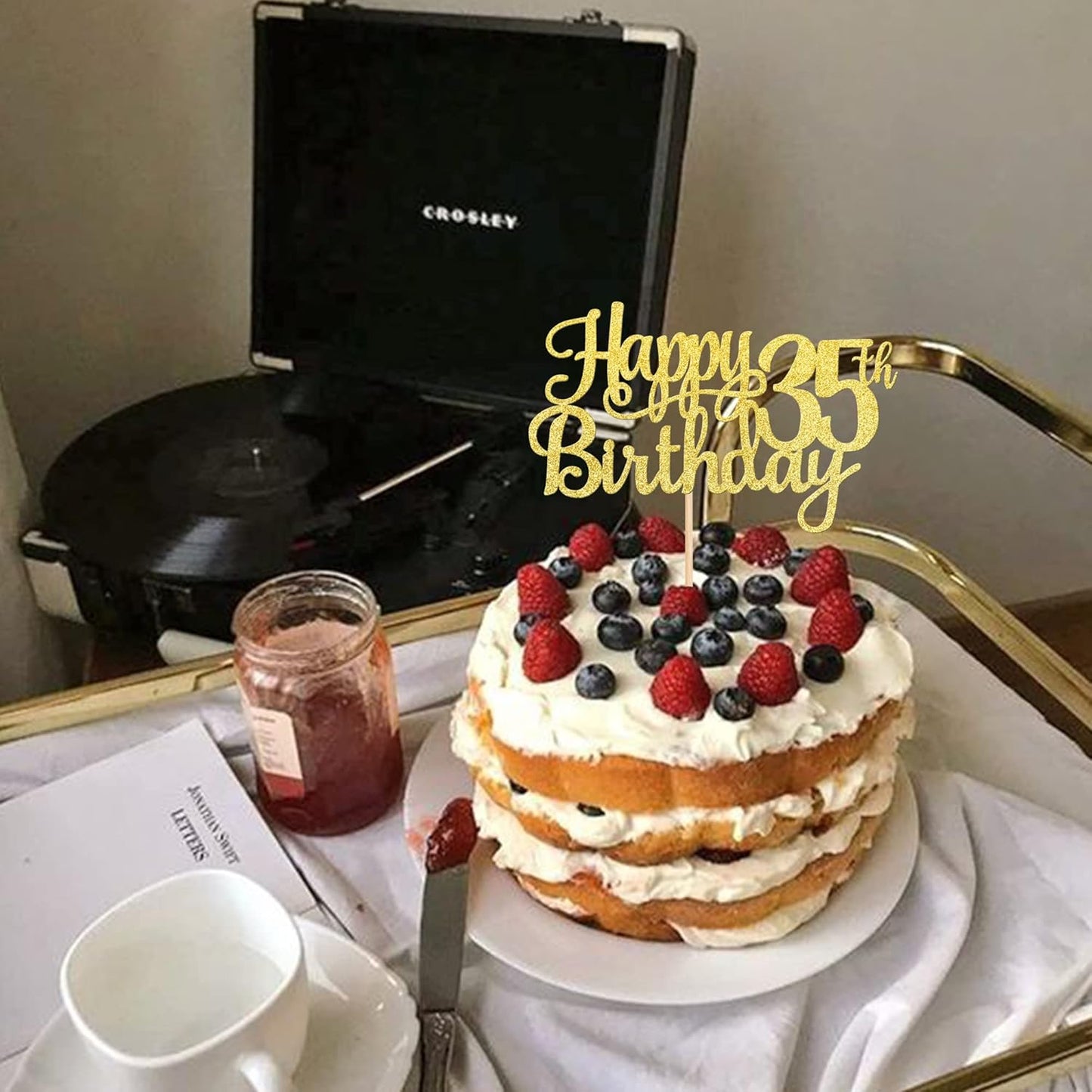 1 PCS Happy 35th Birthday Cake Topper Gold Glitter Cheers to 35 Years Birthday Cake Pick 35 Fabulous Cake Decoration for Happy 35th Birthday Theme Party Decorations Supplies