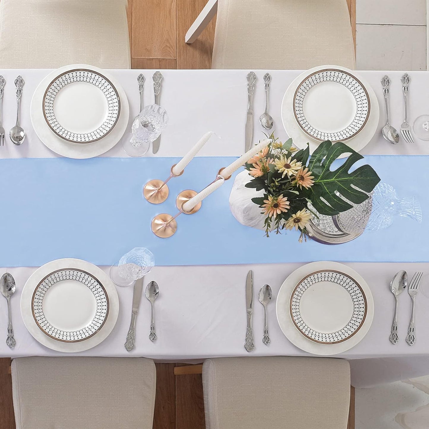 12Pack Table Runner 12 x 108 Inches Satin Silk Table Runner for Wedding, Birthday Party, Banquets, Graduations Decoration, fit Rectange and Round Table-Blue Mist