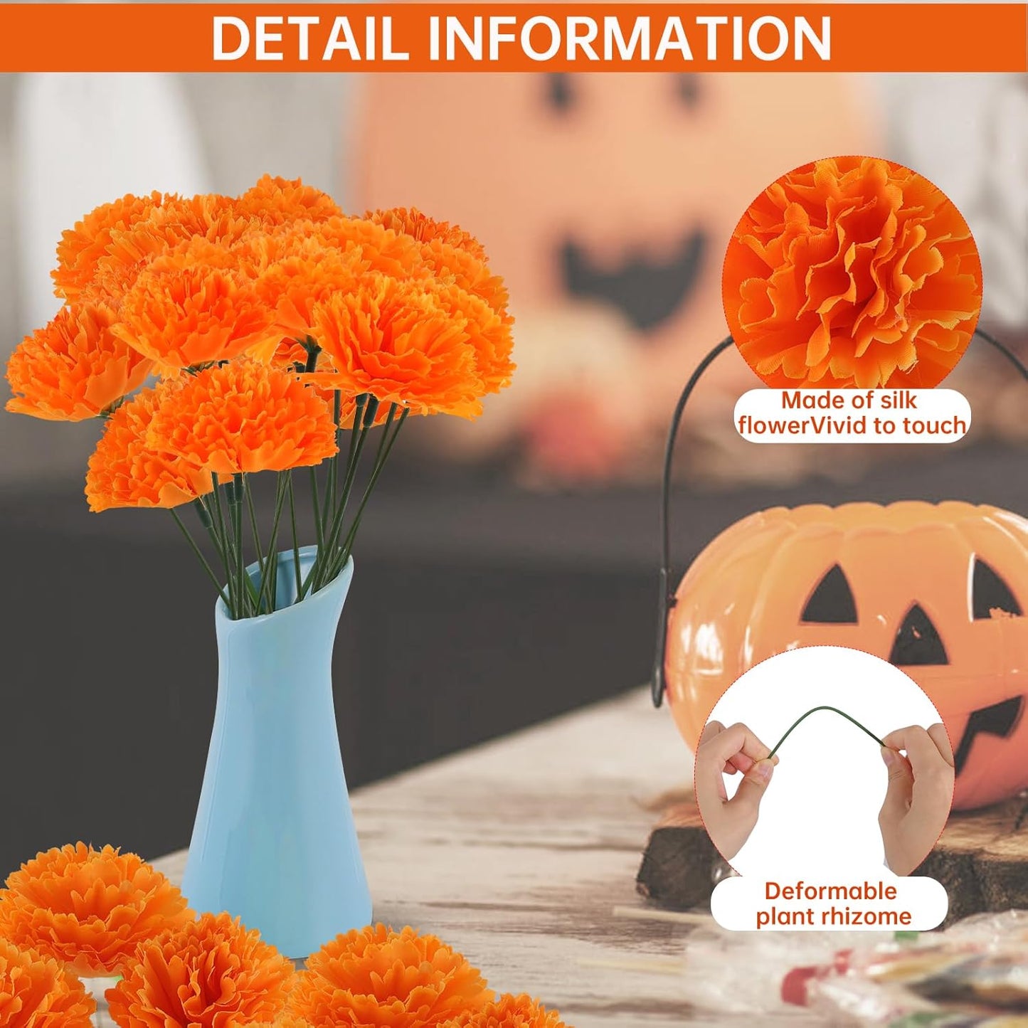 Hananona 50Pcs Artificial Marigold Flower Heads, Silk Marigold Heads Bulk Fake Flowers for Dia De Los Muertos Decor DIY Marigold Garland Day of The Dead Decorations