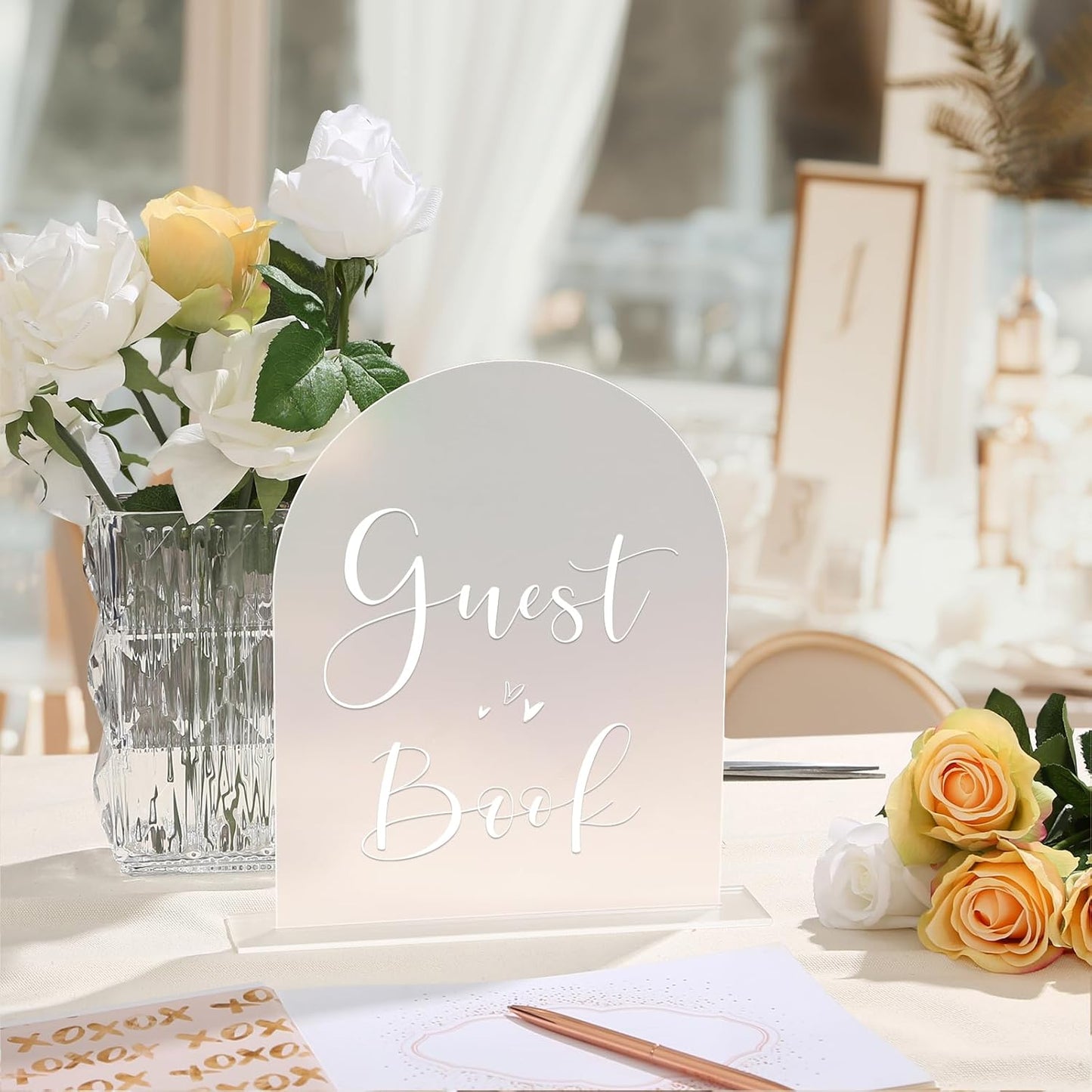 UNIQOOO 10 Pack Acrylic 8x10 Frosted Arch Table Sign for Wedding with Holders, 1/8 in Thick, DIY Blank Arch Sign Sheet Perfect for Decoration, Party,Anniversary, Event, Stand Included