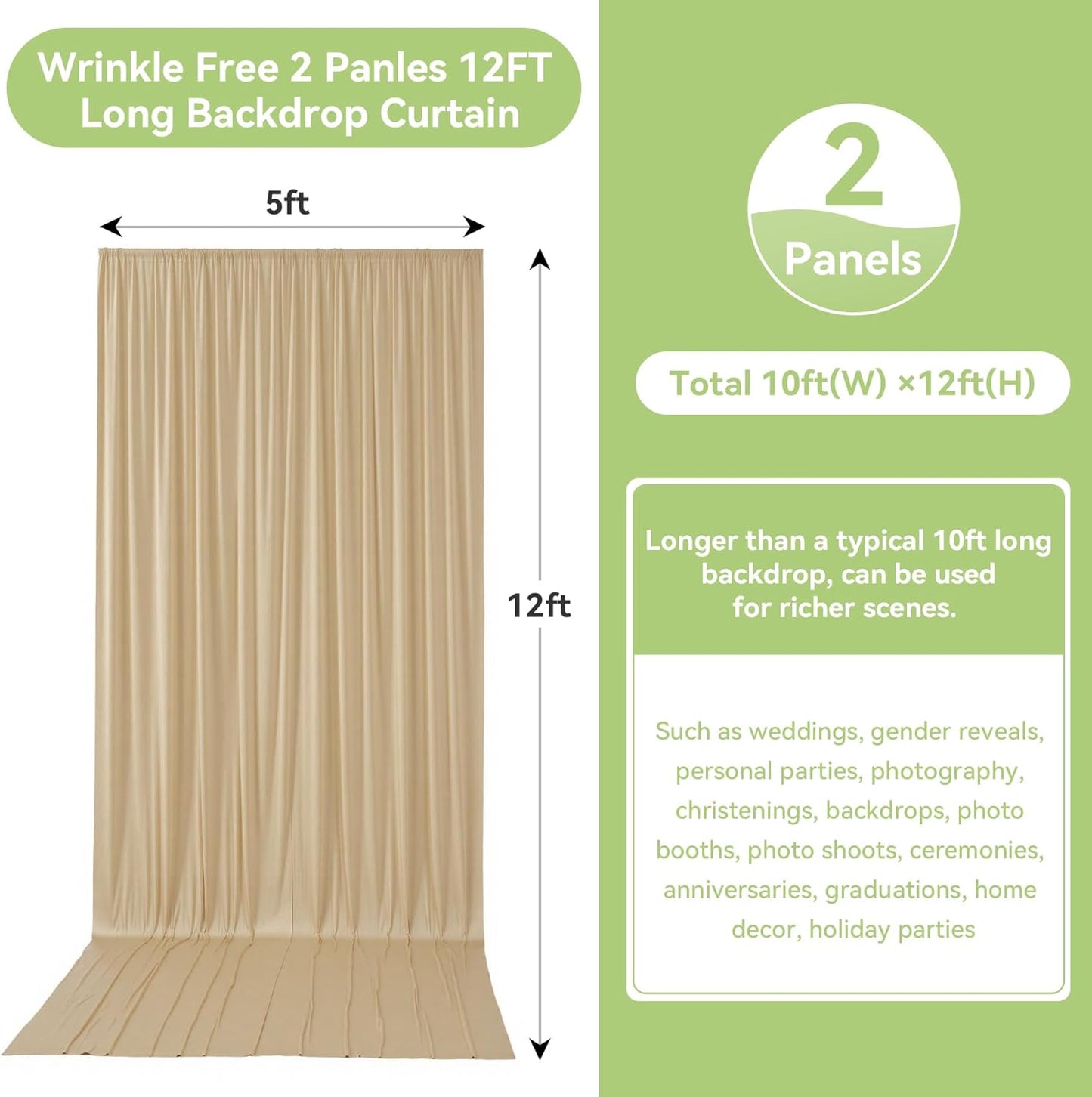 10ftx12ft Wrinkle Free Beige Backdrop Curtain, 2 Panels 12FT Height Beige Wedding Backdrop Drapes, Silky Polyester Back Drop Cloth for Birthday Photography Background Party Backdrop Draping