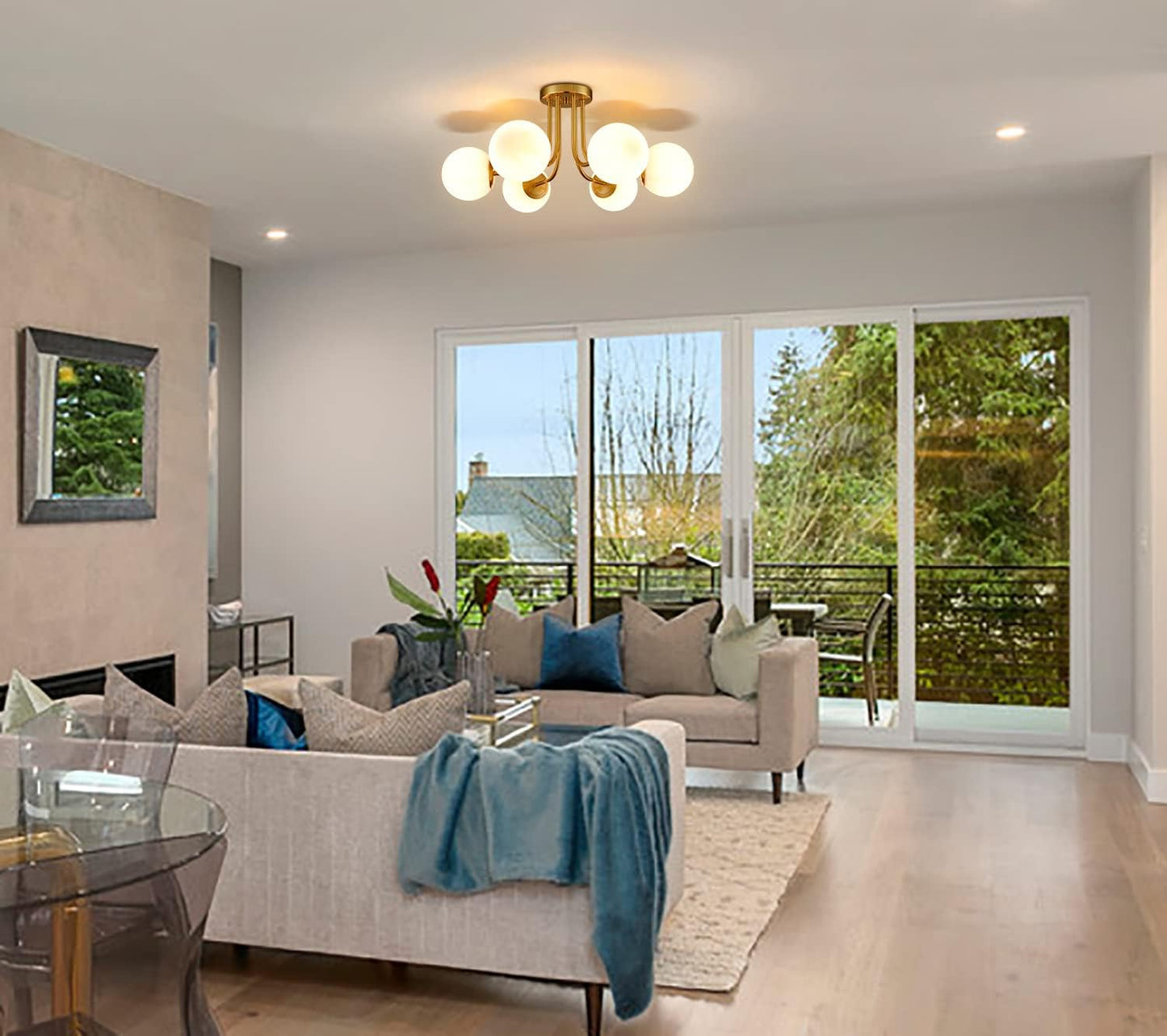 Modern Brushed Brass Gold 6-Light Ceiling Light with Globe White Glass Shade Semi Flush Mount Light Fixture for Dinning Room Foyer Hallway Sputnik Chandeliers