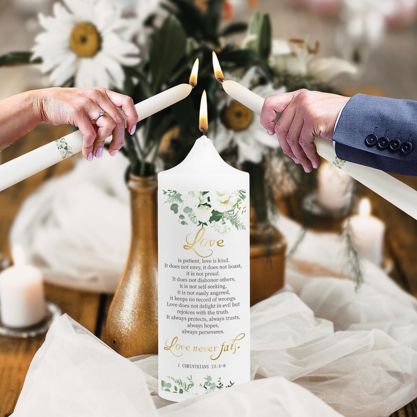 3 Unity Floral Candles for Wedding Ceremony Set with Golden Holder, Wedding Accessories for Reception