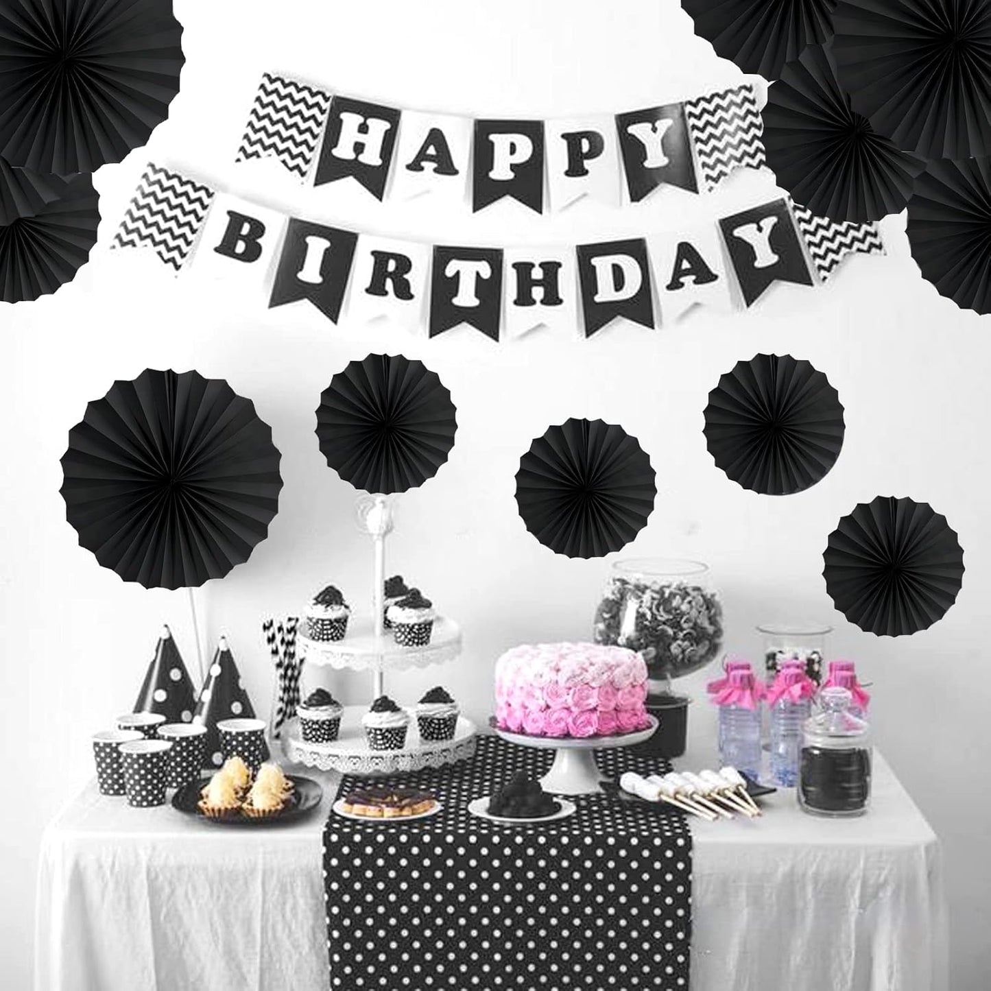 HQZ Black Party Hanging Fans DIY Set - 12pcs Set Pinwheels Fan DIY Paper Craft for Wedding, Birthday, Christmas Party Decoration