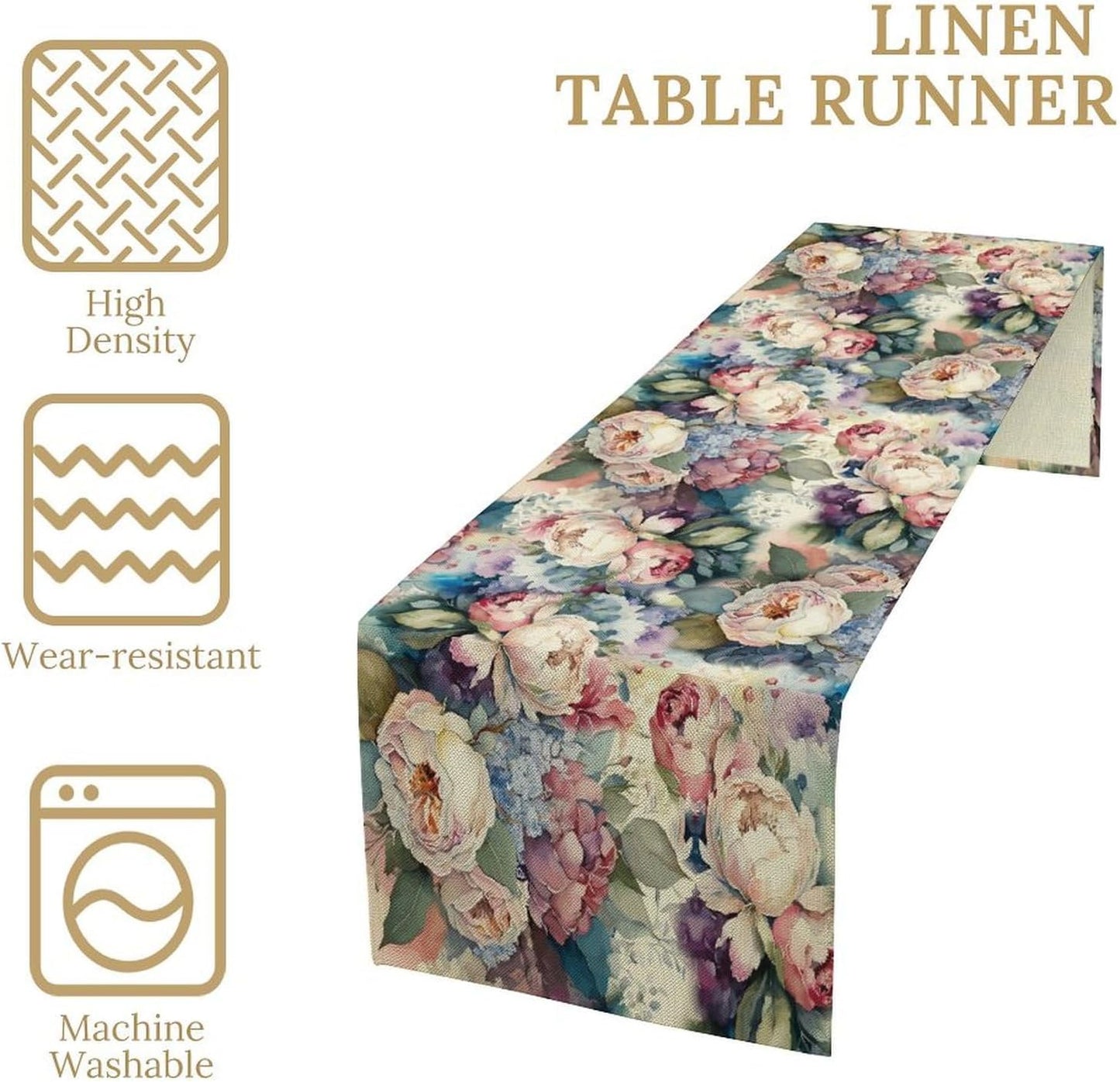 Vintage Floral Table Runner,Girls Women Rose Romantic Leaf Botanical Watercolor Pattern Print Burlap for Hotel Indoors Outdoor Dining Room Kitchen Holiday Party, 13x36in