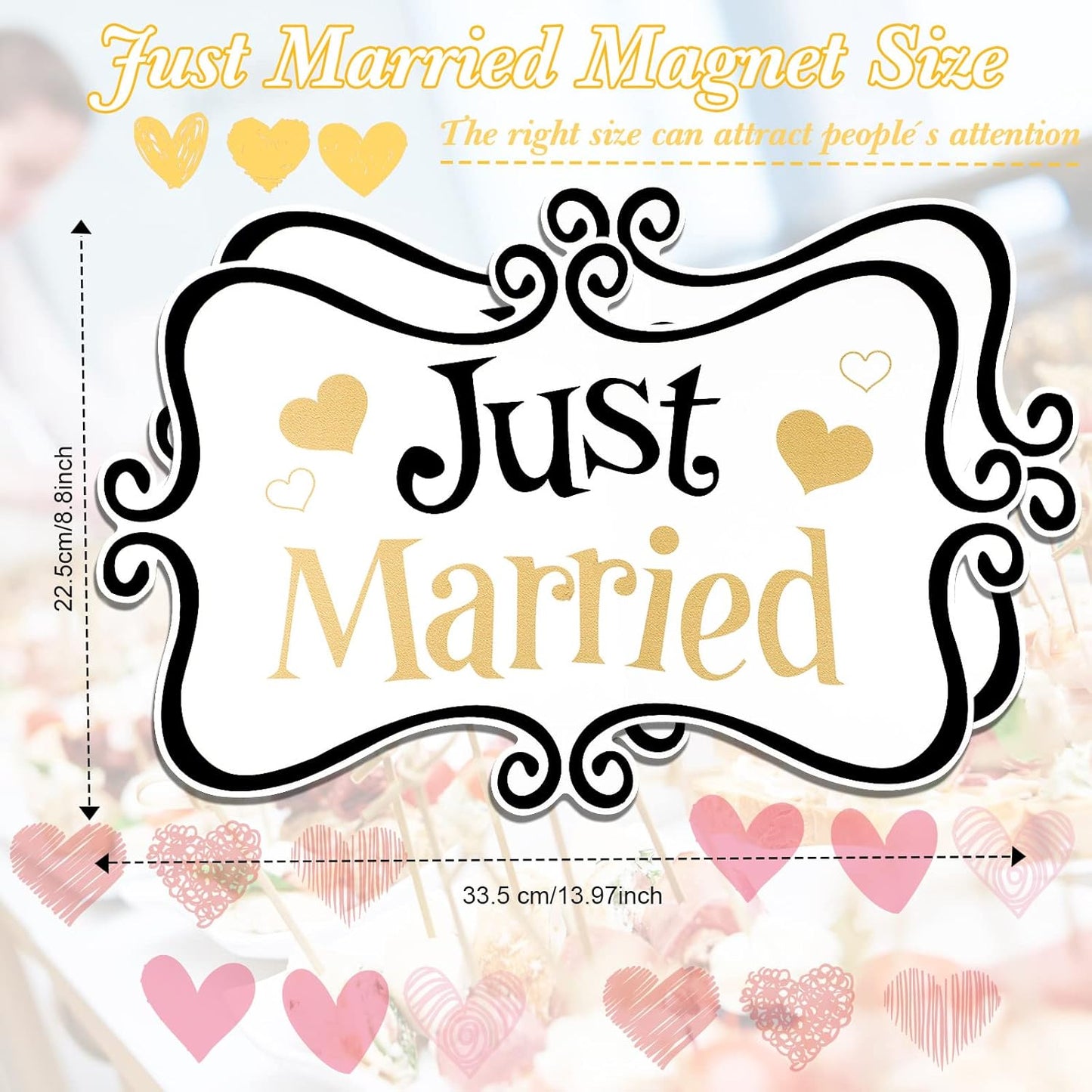 2 Pcs Large Just Married Car Decorations Just Married Car Magnets Sign Decoration 13.9 x 8.8 Inch Honeymoon Rear Tailgate Magnet Stickers for Wedding Door Panel Refrigerator(Black and Gold)