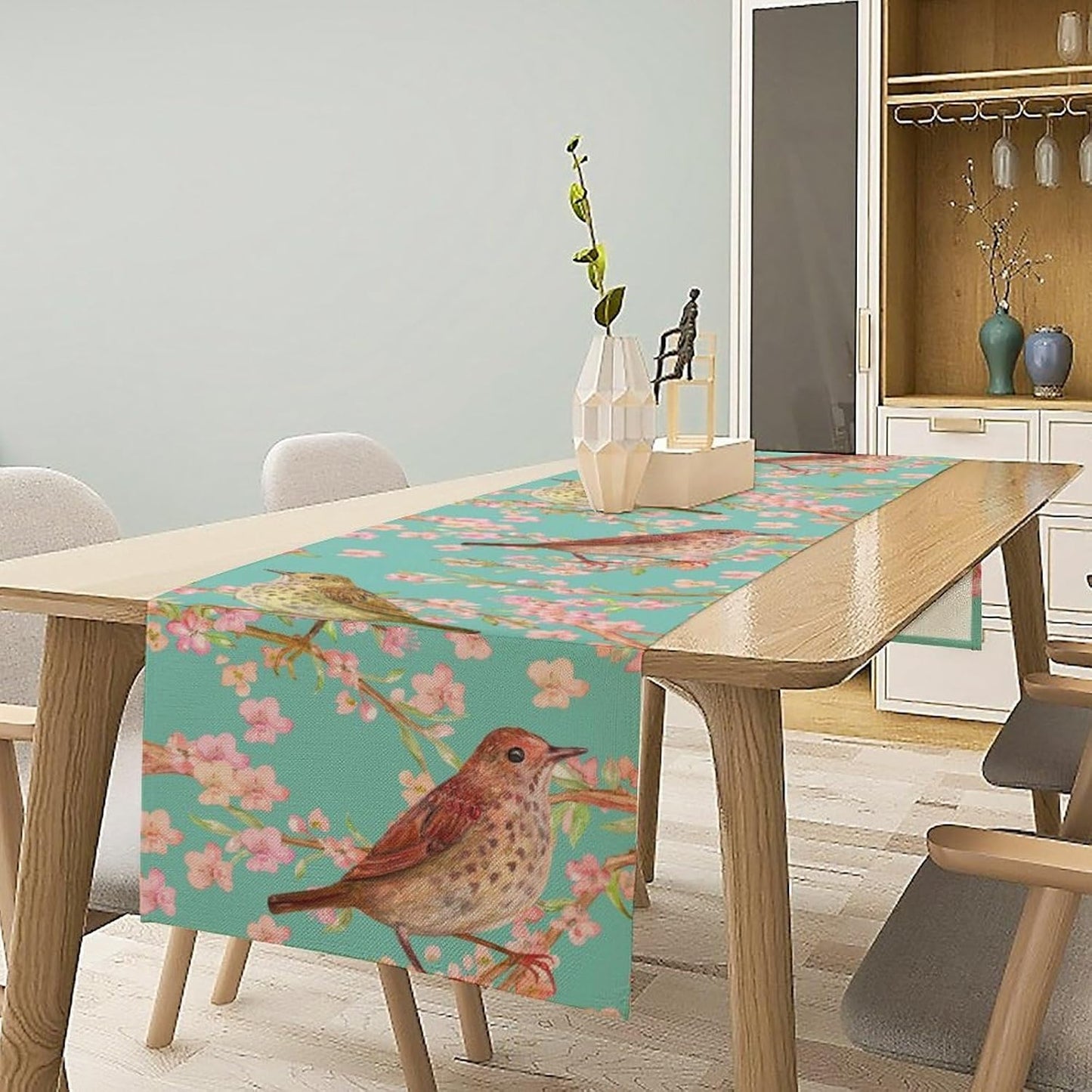 Table Runner with Flowers and Birds, Spring Plant Flowers Table Decoration Linen Table Runner Family Party Party Decorations 13x90 Inches