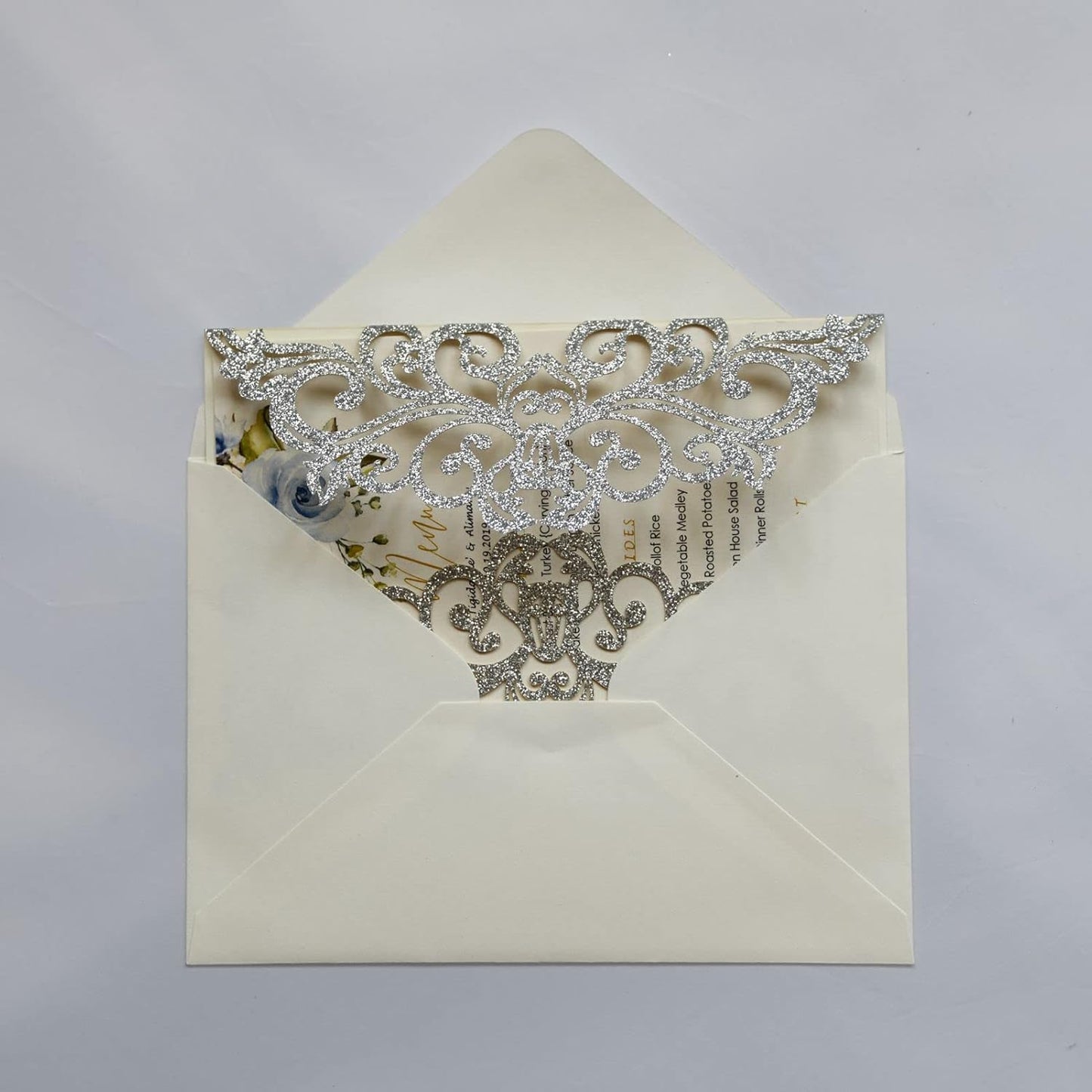 25PCS Silver Glitter Laser Cut Wedding Invitations Cards with Envelopes,Blank Inner Sheets,Ribbons for Wedding Bridal Shower Quinceañera Engagement Birthday Invites