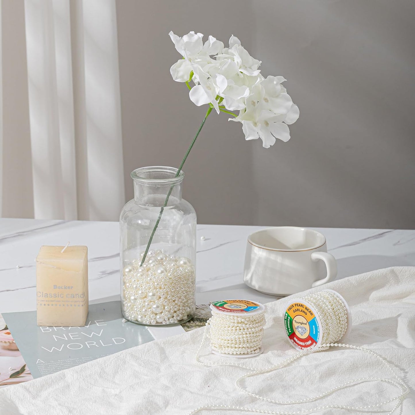 3mm Millet Beads Crafts Faux Pearl Beads Garland Pearl Bead Roll Strand of Pearls to Decorate Floral Centerpieces Wedding Party Favor Christmas Tree(33 Feet White)