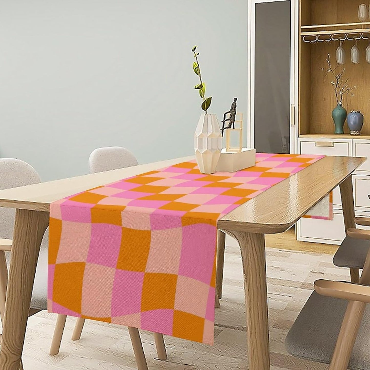 Checkered Table Runner Orange Retro 60s70s Boho Style Kitchen Restaurant Decoration Suitable for Indoor and Outdoor Festival Home Wedding Party Table Runner 13x108 Inch