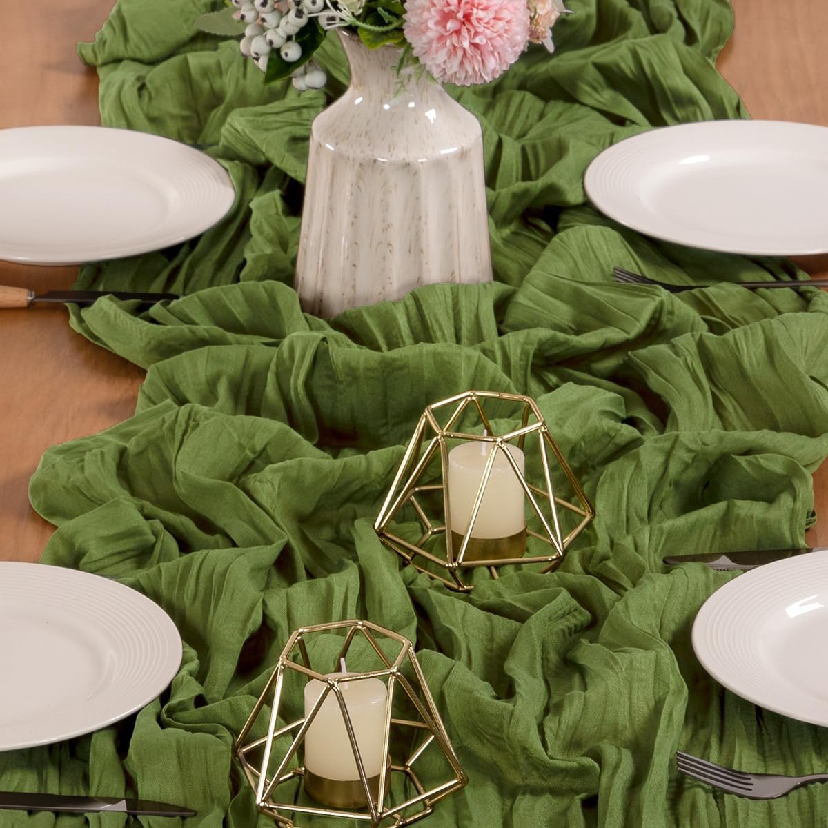 MLMW 3 Pack Fall Cheesecloth Table Runner Forest Green Boho Cheese Cloth Gauze 160 inch Rustic Sheer Table Runner 13.3ft for Wedding Party Baby Bridal Shower Birthday