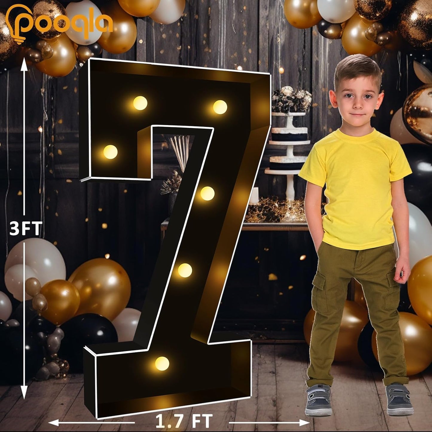 Pooqla 3FT Marquee Light Up Numbers, Black Lighted Party Decor for her him Women Men, Giant Mosaic Light Up Numbers for 7th 17th 70th Birthday Anniversary Decoration, Number 7