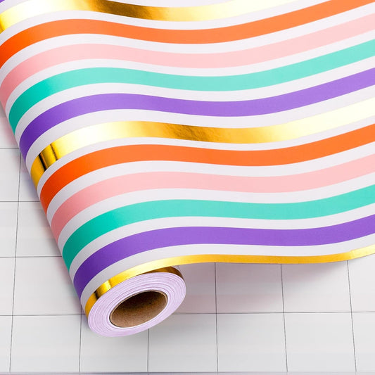 Yarcony Gift Wrapping Paper Roll, Rainbow Wrapping Paper, Colorful Stripes Gift Wrap with Gold Foil for Birthday, Baby Shower, Wedding, Christmas, All Occasions (Mini Roll, 17 Inch X 16.5 Feet)